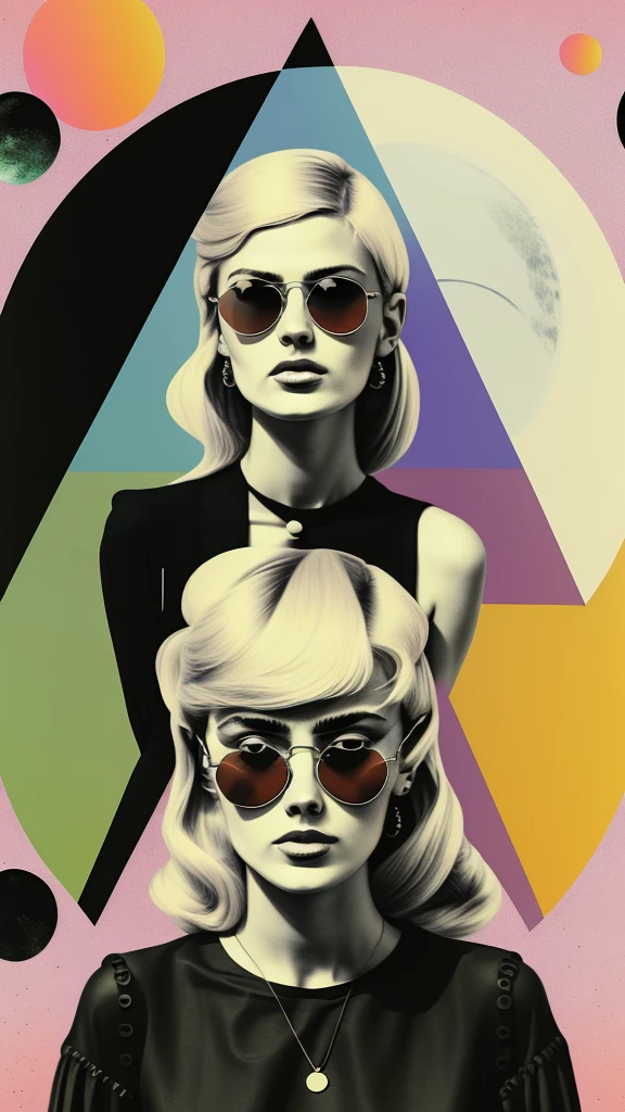 One woman on screen、There is a triangle and a crescent moon above his head.、Blonde European woman wearing sunglasses on purple background with green circles