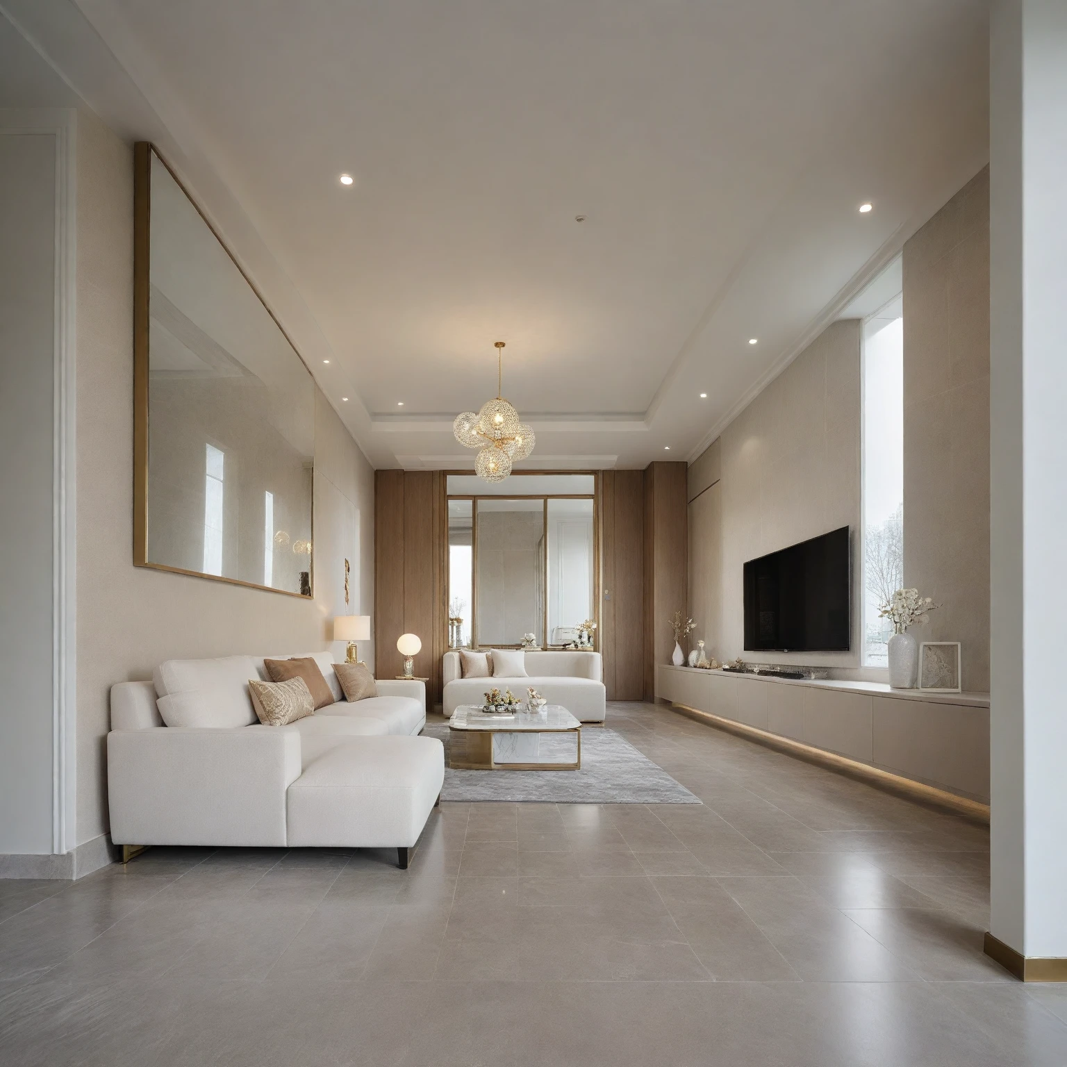 ,Masterpiece, Best quality,8K, Ultra-high resolution,When you step into the (living room : 1.1) ,Immediately surrounded by a rich atmosphere of luxury. The space  was covered with a soft white fluffy blanket,It is so comfortable,So much so that you can't help but indulge in it。Embellished with precious porcelain and white-off gold ornaments。Whenever it is late afternoon,The afterglow from the window spilled on the floor,Soft light and shadow are reflected,It was as if entering a dreamland. ((Wooden chair and table : 1.3)), ((COLUMN MIRROR : 1.3))