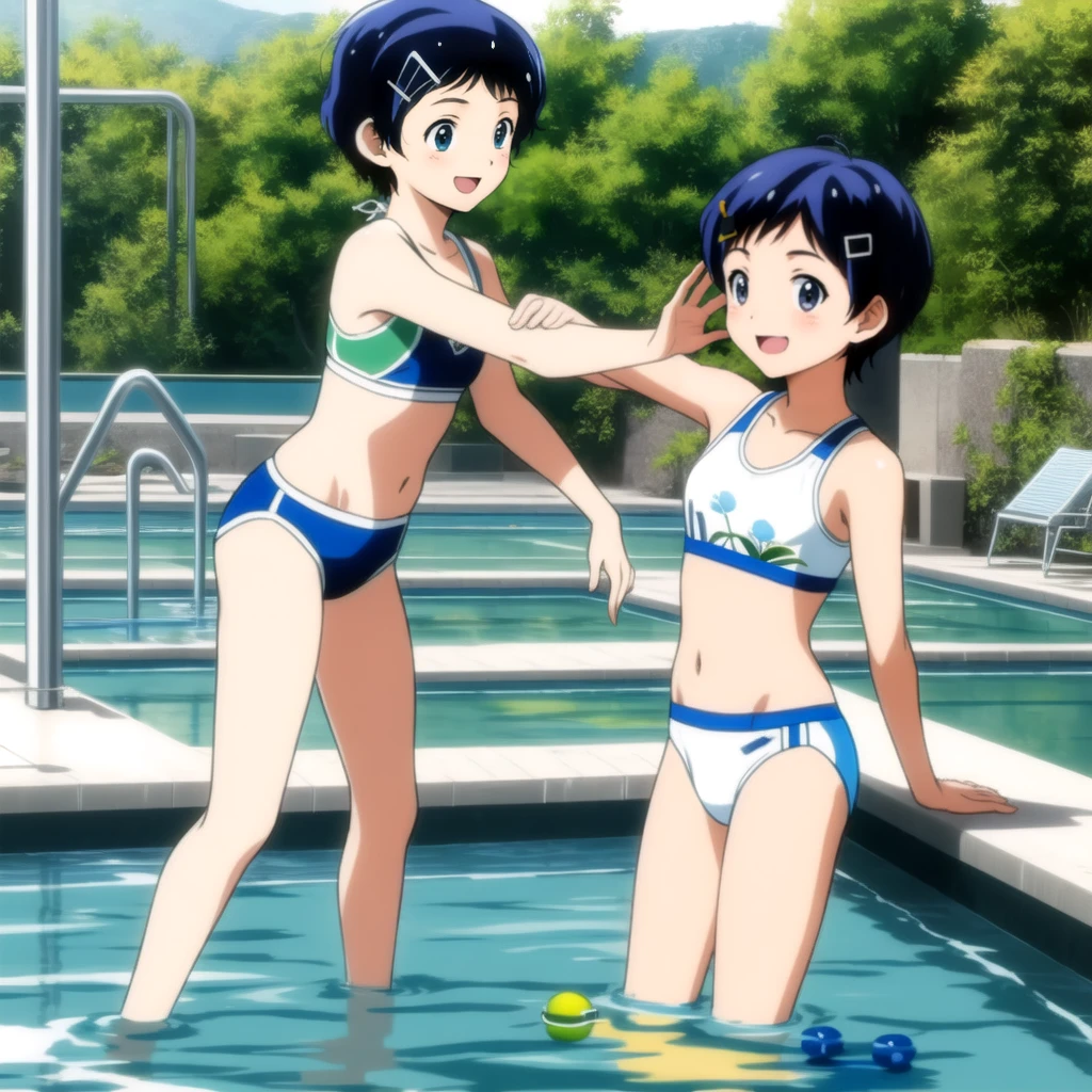 ai ohto, short hair,odo eyes, hairclip,White bikini , sports bra, smile, pool, (Water ripple effect around the body:1.3)