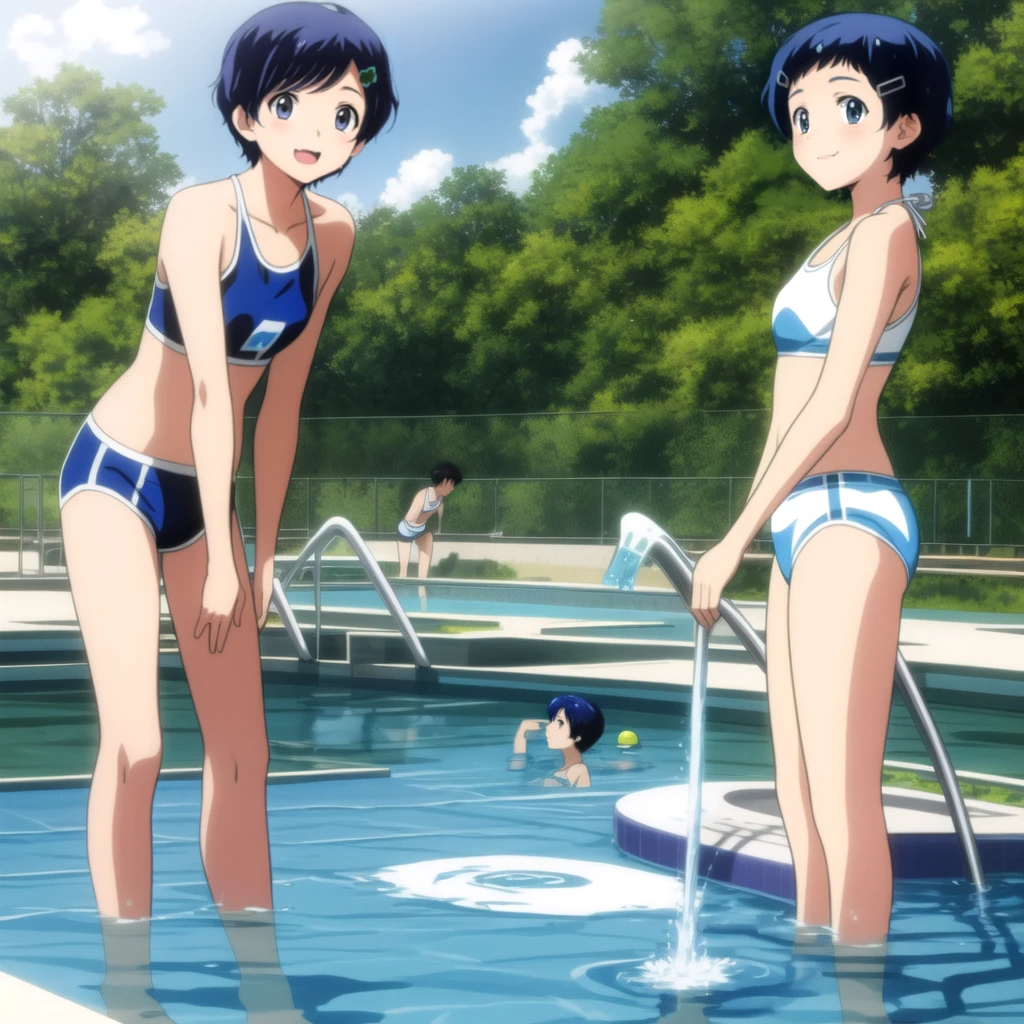 ai ohto, short hair,odo eyes, hairclip,White bikini , sports bra, smile, pool, (Water ripple effect around the body:1.3)