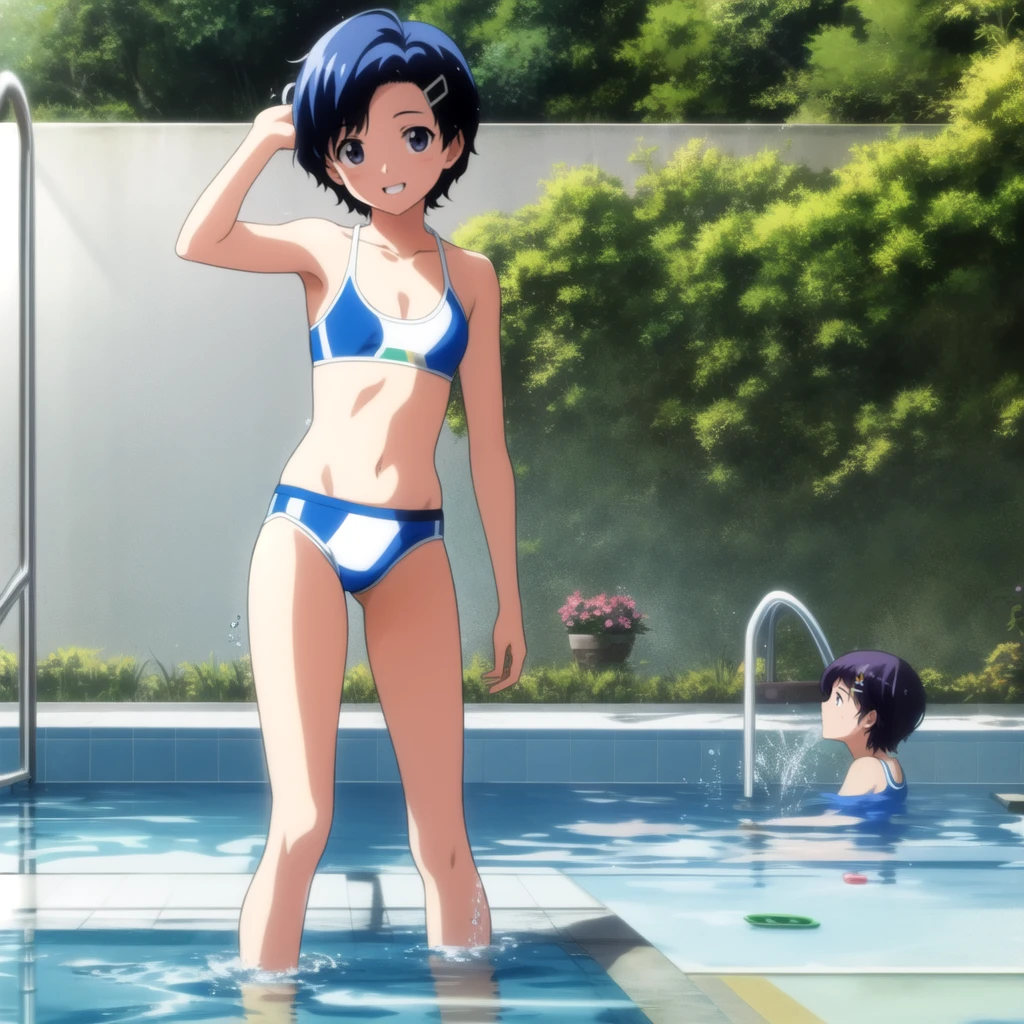 ai ohto, short hair,odo eyes, hairclip,White bikini , sports bra, smile, pool, (Water ripple effect around the body:1.3)