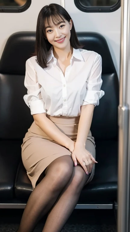 1 female, Thighs, Sitting on a train, office lady, Realistic, RAW Photos, White shirt,No bra, Pencil Skirt, pantyhose, pumps, Medium Hair, bangs, Looking at the audience, Highest quality, 8hair、Big Breasts, (Arms crossed),smile、A big smile、