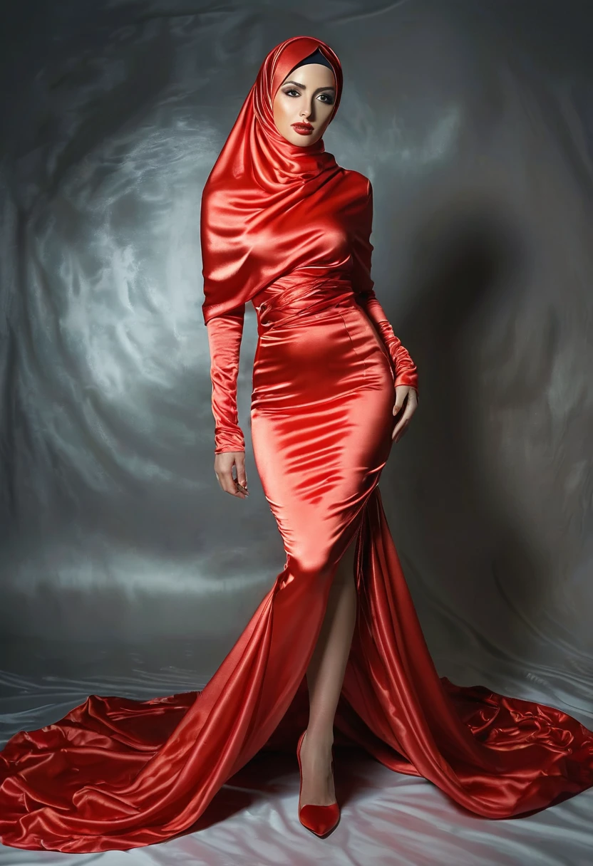 a sexy a woman covered in red satin cloth, mummified in satin, tied tight in satin, shape like mermaid gown, tight in leg, wearing a satin hijab, the satin is very long, forming the curve of the body,dramatic flowy satin,strugle to move,full body, wear high heel, strugle to walk, masterpice, flowy satin blow by wind,4k resolution, ultra-realistic, highly detail, great lightning.