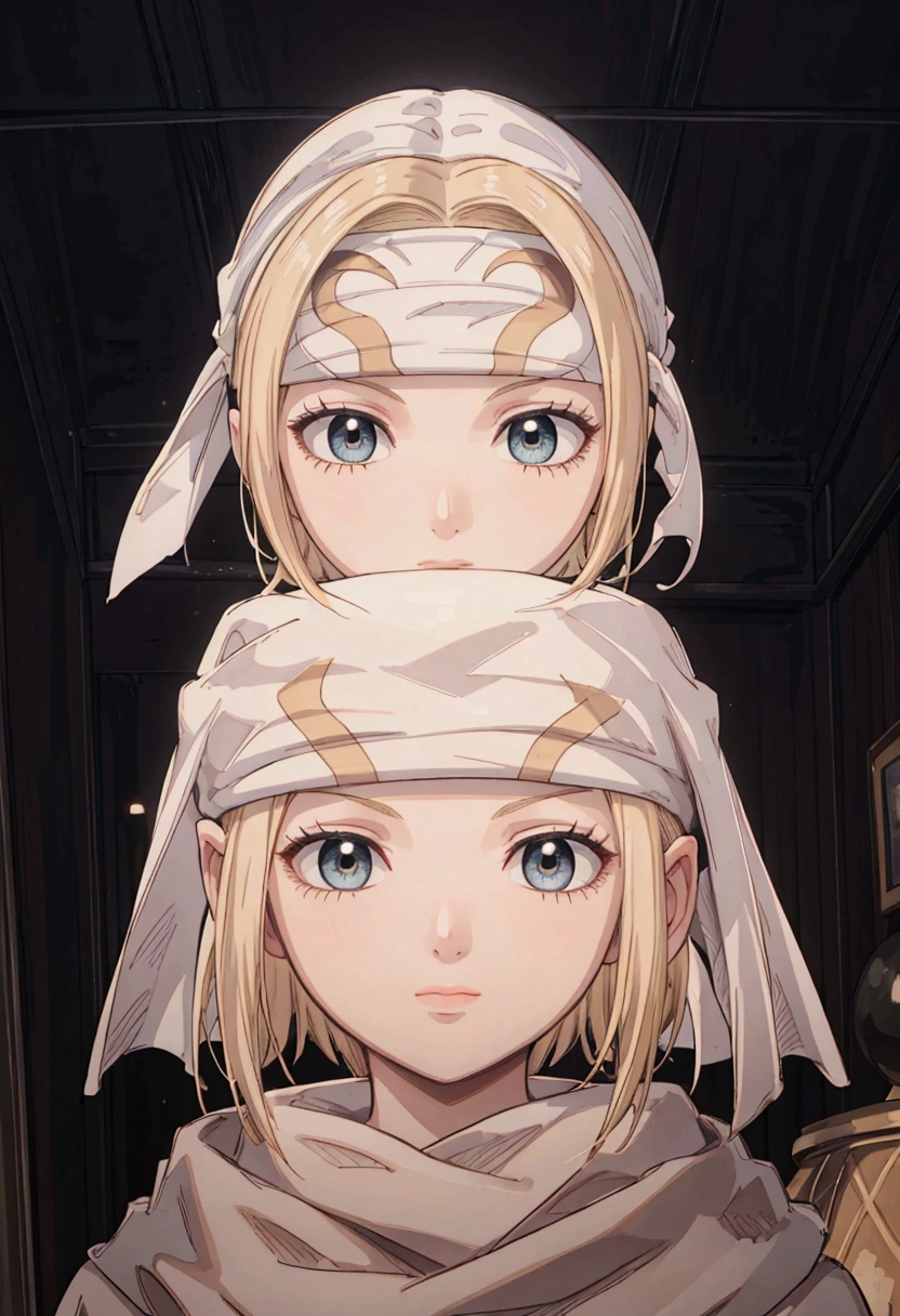 masterpiece), best quality, high resolution blonde 1girl bob cut medium hair standing alone cowl headband profile image looking at viewer beautiful eyes beautiful face extremely detailed
