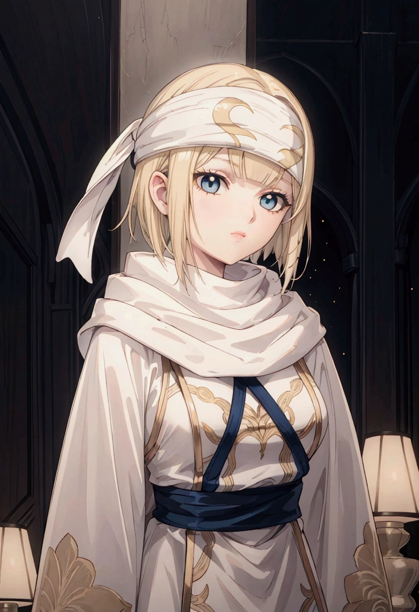 masterpiece), best quality, high resolution blonde 1girl bob cut medium hair standing alone cowl headband profile image looking at viewer beautiful eyes beautiful face extremely detailed