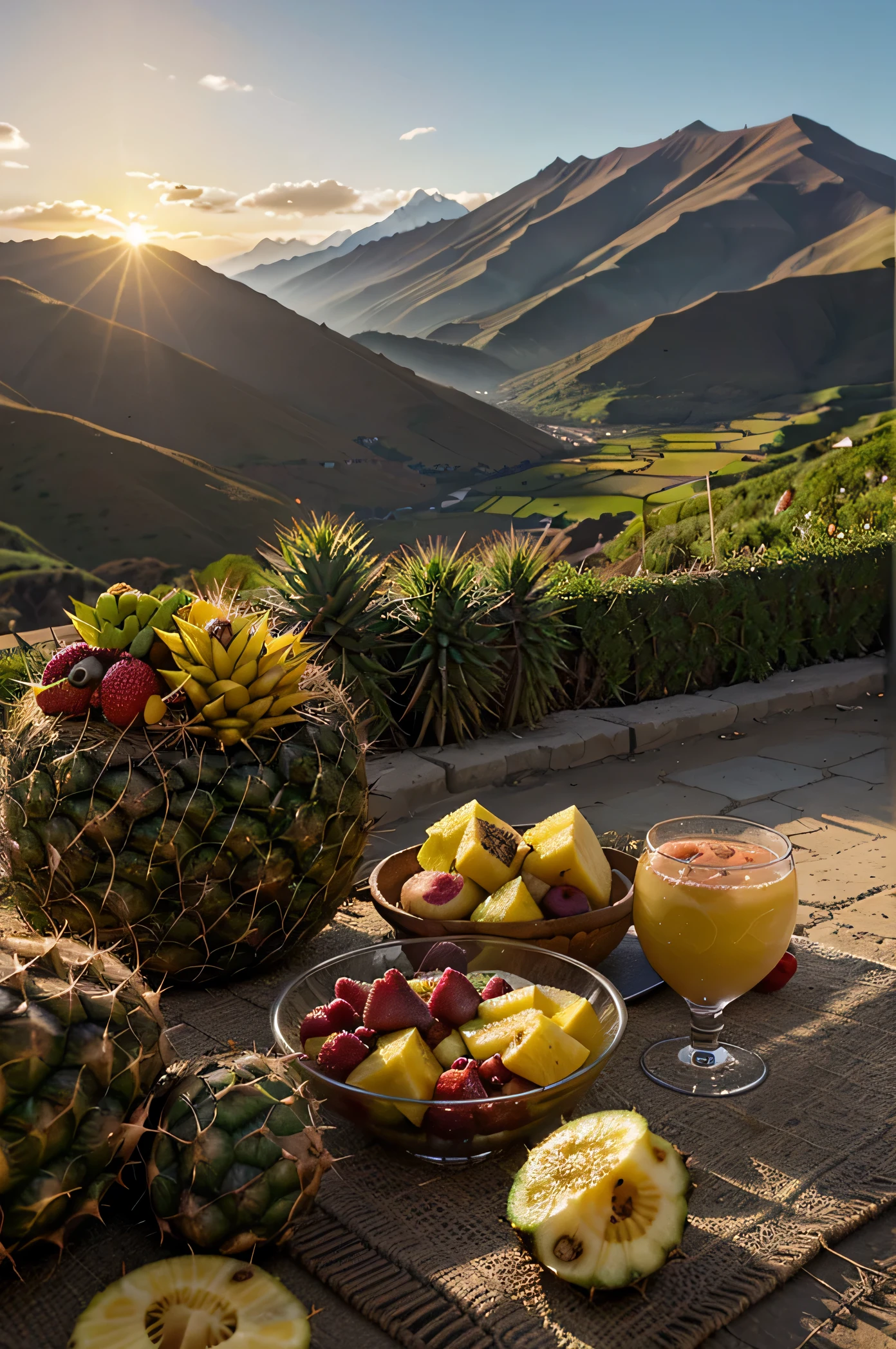 Super Realistic Photography: Andes Mountains at Sunset: A realistic photograph of the Andean mountains during sunset, with golden and warm colors. Traditional Andean Market: A photograph of a market in the Andes, with fruits like pineapple, aguaymanto, prickly pear and lucuma in the foreground. Cocktail Glass: An elegant cocktail glass, placed in a natural Andean environment, with elements like leaves and fruits around. these fruits are mainly pineapple, aguaymanto, prickly pear and lucuma and more quality and much more realistic the Andes