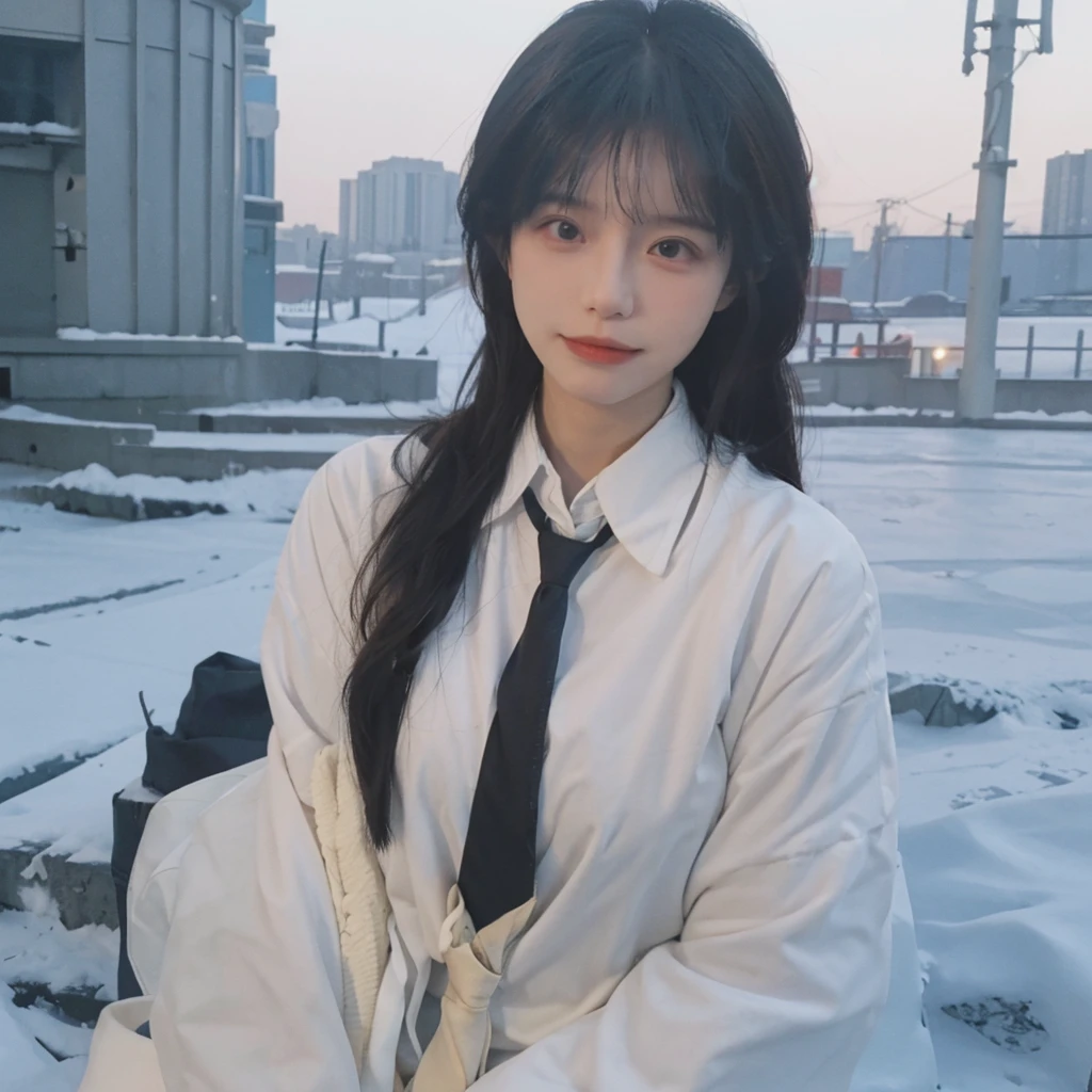 Best quality,masterpiece,Double tail,Ultra-high resolution,snow,16K,Snow background,(Photo Realism:1.4),1 Girl,JK,sexly,(shirt and tie:1.2),(Big breasts:2.3),(Upper body:1.4)