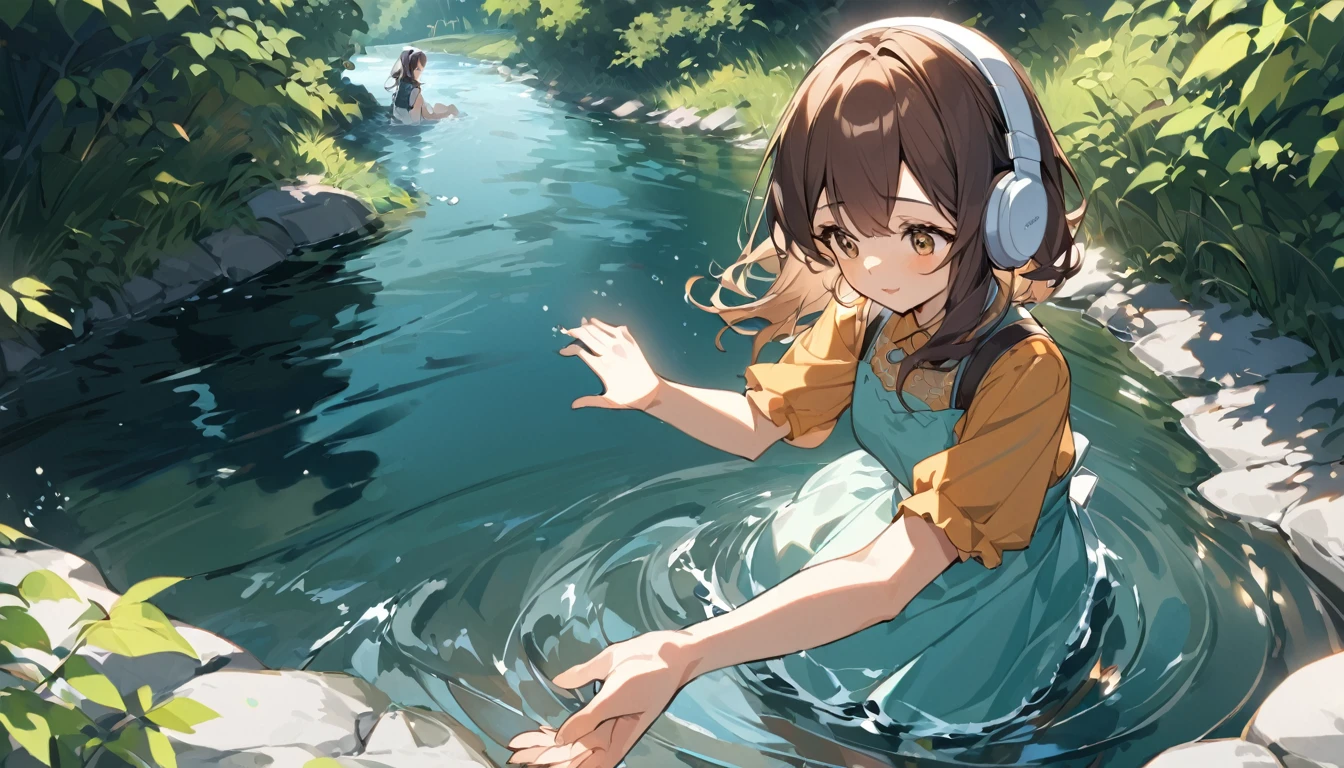 Girl wearing headphones。Brown Hair。1 person。bright。At the River、A girl wearing headphones and listening to the babbling of a river while touching the water with her hands。