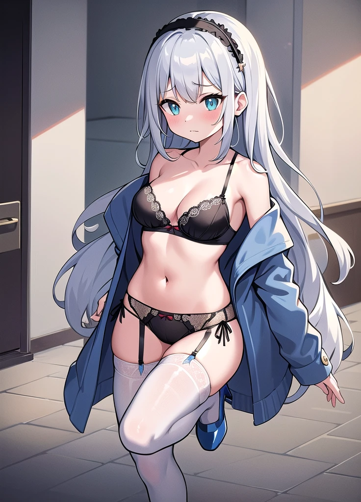 1girl, solo, long hair, breasts, blush, bangs, hair ornament, thighhighs, long sleeves, white background, navel, cleavage, medium breasts, closed mouth, underwear, standing, collarbone, panties, full body, grey hair, hairband, open clothes, off shoulder, bra, high heels, white thighhighs, coat, looking to the side, looking away, lingerie, garter belt, blue footwear, open coat, blue panties, blue bra, brown coat, aqua bra