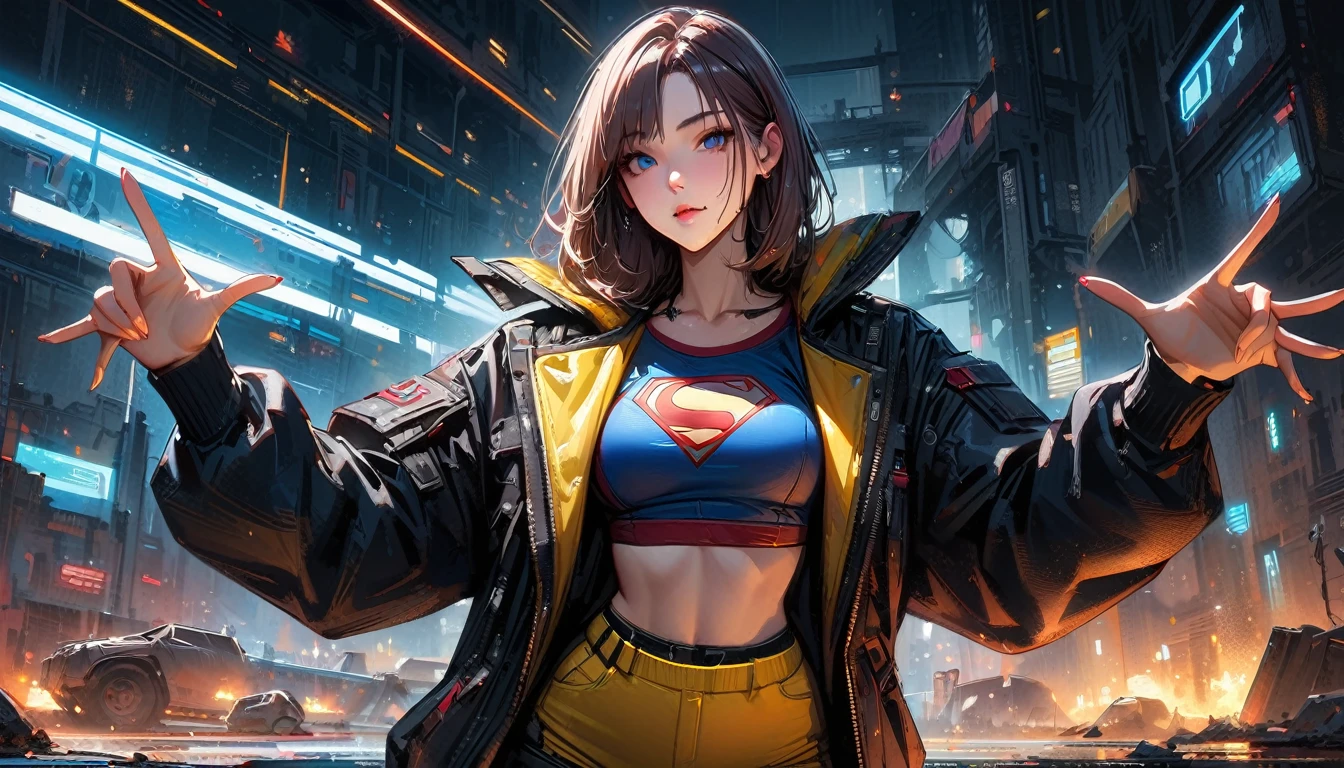 (La Best quality,a high resolution,Ultra - details,valid),Ariana Grande , portrait, (DC Zombies Supergirl:1.4 ) , (biomechanical yellow :1.4 ) , complex robot, full height, hyperrealistic, crazy little details, Extremely clean lines, (cyberpunk aesthetic) , (masterpiece presentada en Zbrush Central) , brutalist gothic cathedral, cyberpunk, Photo, award winning, hips, neon lights, cyber participant, (Cowboy pose) ,More detailed 8K.unreal engine:1.4,uhd,La Best quality:1.4, Photoреалистичный:1.4, skin texture:1.4, masterpiece:1.8,First job, Best quality,Объект Object], (detailed facial features:1.3), (chemical laboratory ruins background:1.4 ), (cyberpunk 2.1), (Convex detailed fingers), (Ideal Anatomy), (beautiful blue eyes),( yellow underwear) 