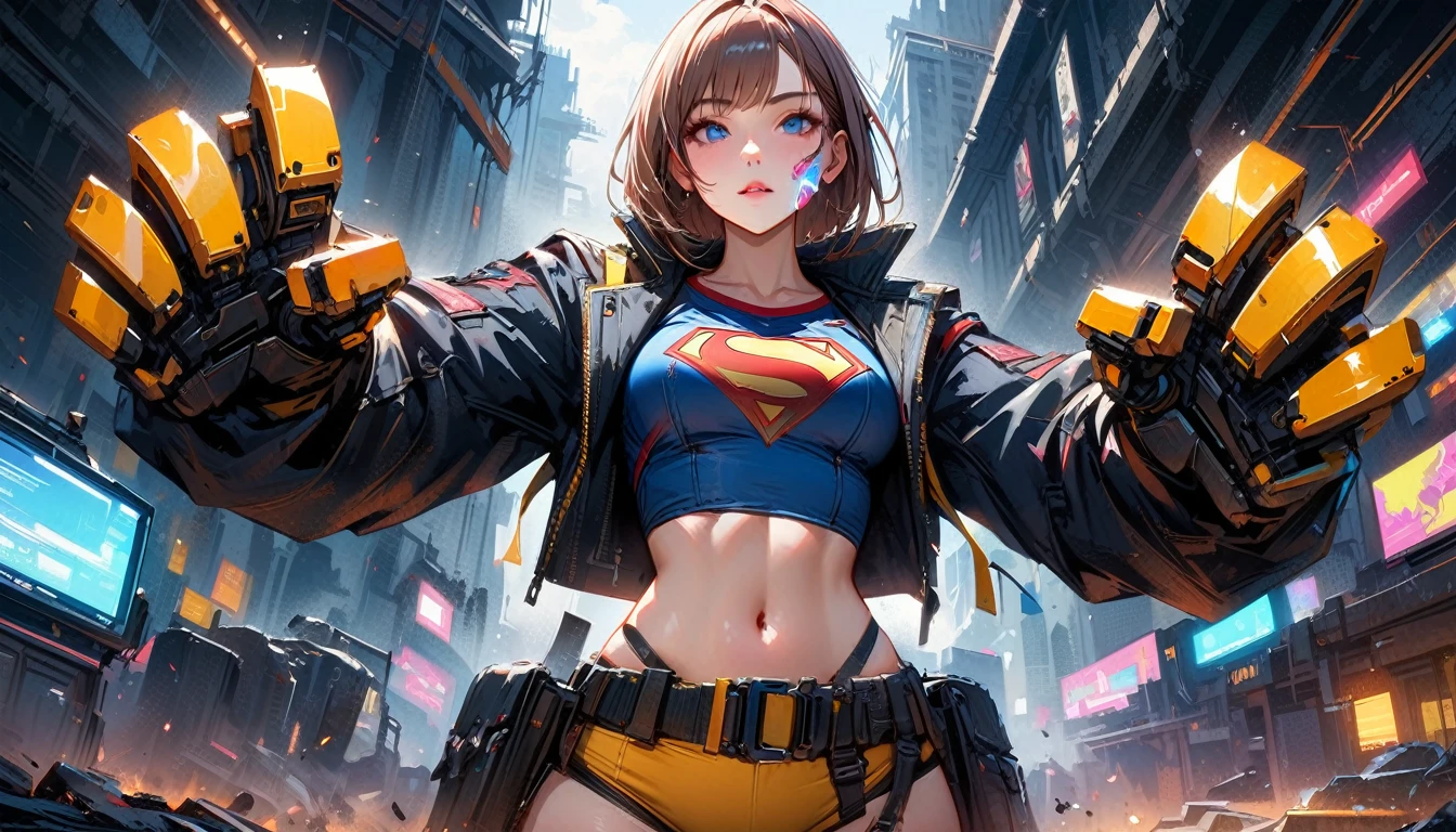 (La Best quality,a high resolution,Ultra - details,valid),Ariana Grande , portrait, (DC Zombies Supergirl:1.4 ) , (biomechanical yellow :1.4 ) , complex robot, full height, hyperrealistic, crazy little details, Extremely clean lines, (cyberpunk aesthetic) , (masterpiece presentada en Zbrush Central) , brutalist gothic cathedral, cyberpunk, Photo, award winning, hips, neon lights, cyber participant, (Cowboy pose) ,More detailed 8K.unreal engine:1.4,uhd,La Best quality:1.4, Photoреалистичный:1.4, skin texture:1.4, masterpiece:1.8,First job, Best quality,Объект Object], (detailed facial features:1.3), (chemical laboratory ruins background:1.4 ), (cyberpunk 2.1), (Convex detailed fingers), (Ideal Anatomy), (beautiful blue eyes),( yellow underwear) 