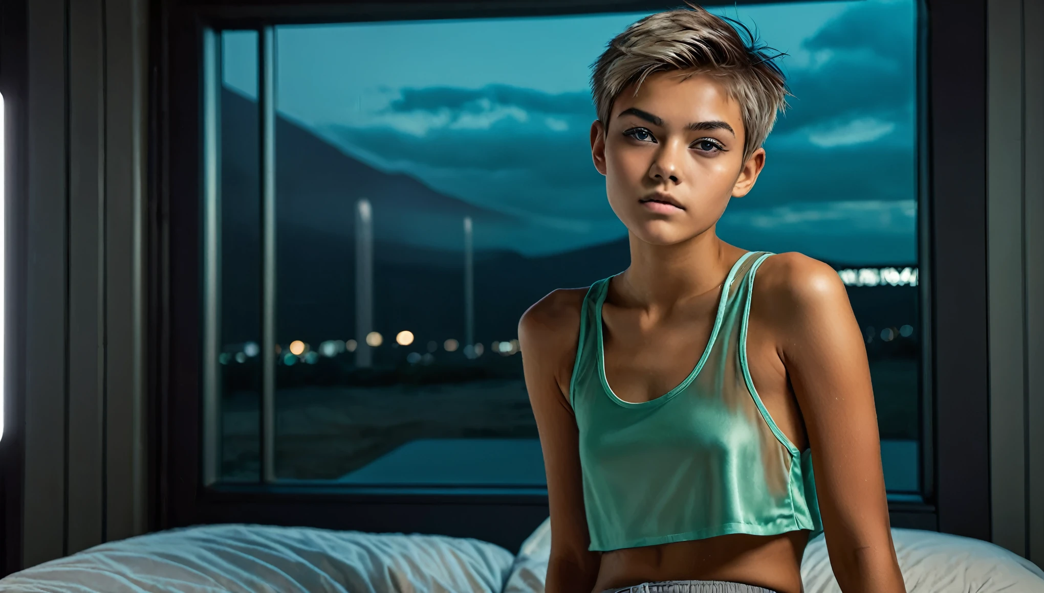 Top Quality, Masterpiece, High Resolution, 8k, wide objective, ((ager, 15 Yrely legal)), (Tanned Skin Tone), ((girl in sheer silky oversized Tank Top, side boob, wide neckline, deep neckline, shiny boxers)), ((bare belly, small perky breasts, detailed face, detailed eyes, thin eyebrow, detailed lips, small hips, no makeup, some tattoos)), (Tomboy Style, tomboyish), (randowm short hair style, straight hair, short pixie cut hair), (((in a spaceship on the bed, moody atmosphere, dim light, dramatic and neon colors, futuristic setting, intricate details, at night, random pose, neon colors))), full body view