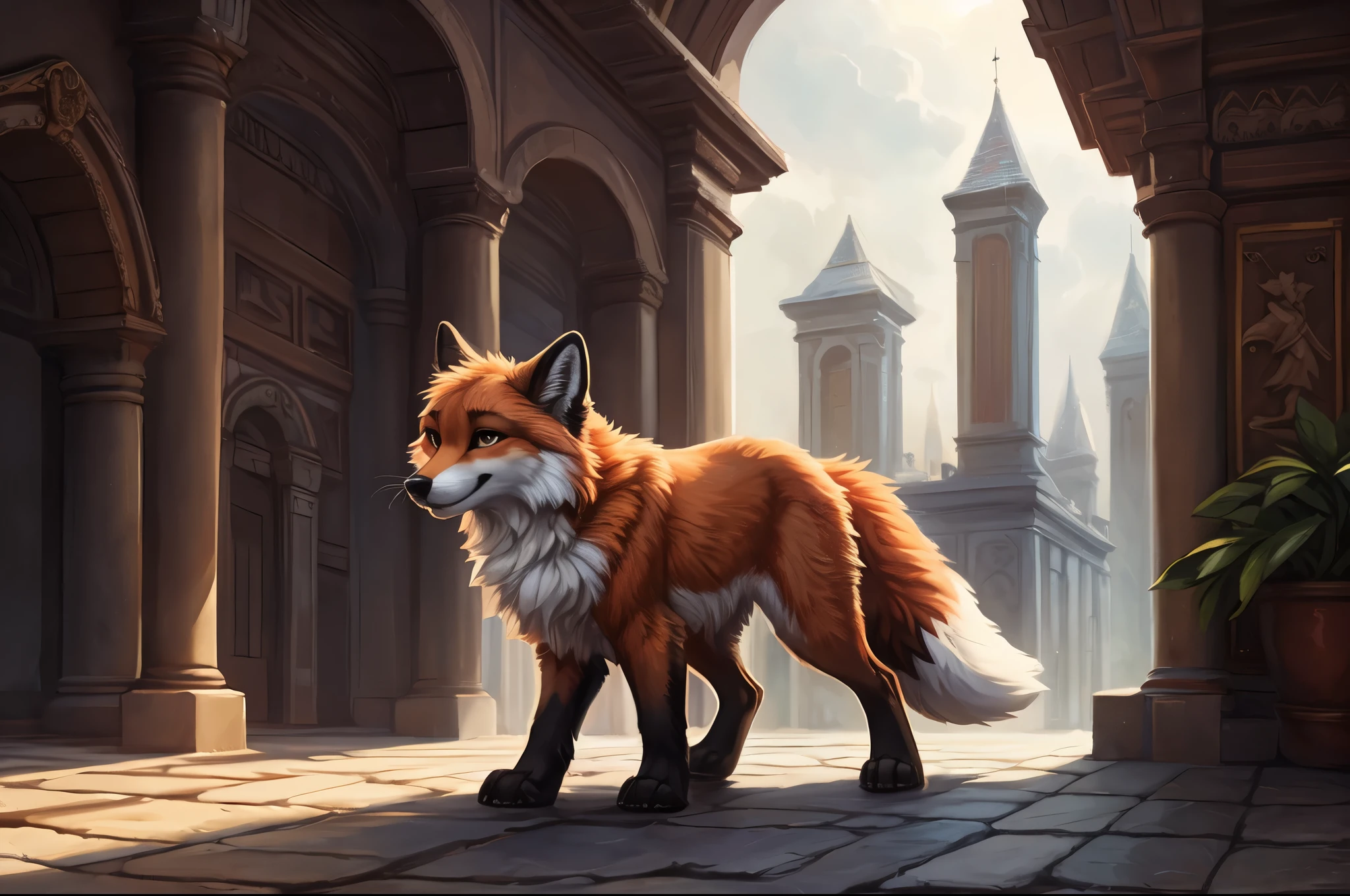 animal focus, top view, (wild), red fox, low tail, paws, small, (symmetrical)++, cute, feral, female, in heat, masterpiece, best quality, by Hioshiru, Snowskau, Foxovh. Imbrato Impressionists, Nguyen Jia, Pino Diane, Detailed Background, Detailed Image, Detailed Hair, God Rays, High Details, Cinematic Lighting, (Avatar), Ancient Roman Architecture