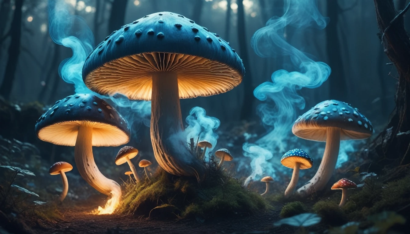 The main color is black.1book mushroom、((As the mushroom approaches the ground, Transforms into strangely shaped and terrifying smoke)).、.、Mesmerizing surreal movie stills of Alice in Wonderland, magical dreamland bokeh background, A fascinating and eerie fantasy world, Illuminates dark shooting scenes with fantastic light。, Otherworldly elements of a familiar story, ether wonderland, mystic atmosphere, Dark magic and dark fantasy realism aesthetics, (translucent bioluminescent material)、((Born in another world、A strangely shaped poisonous mushroom that emits bewitching smoke..,)) Ultra-realistic, (Voronoi pattern, depth of fields, (swirly bokeh:1.275), (Kodak Portra 400:0.875) :1.15), (Realistic and complex futuristic background, Lots of futuristic cooking utensils:1., (Turbulent Toxic Vapor:1.2, Magnificent surrealism, Blue lighting, low key light:1.1), Notable masterpieces, celestial, Ethereal, epicd, Magical Light Flare, Natural, soft dreamy lighting, ((Warm Yellow and Deep Carbon:0.7), (Cinematic Look:1.15):1.15)