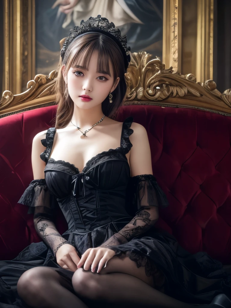 Baroque, Gothic Lolita, Ultra high definition,超High resolution, cute, One girl, alone, whole body, Black sofa, Black Dress, Absurd, White lace, High resolution, Super detailed, Most detailed, Beauty,Soft and sexy lips:1.2,Red lips, Soft skin texture, 