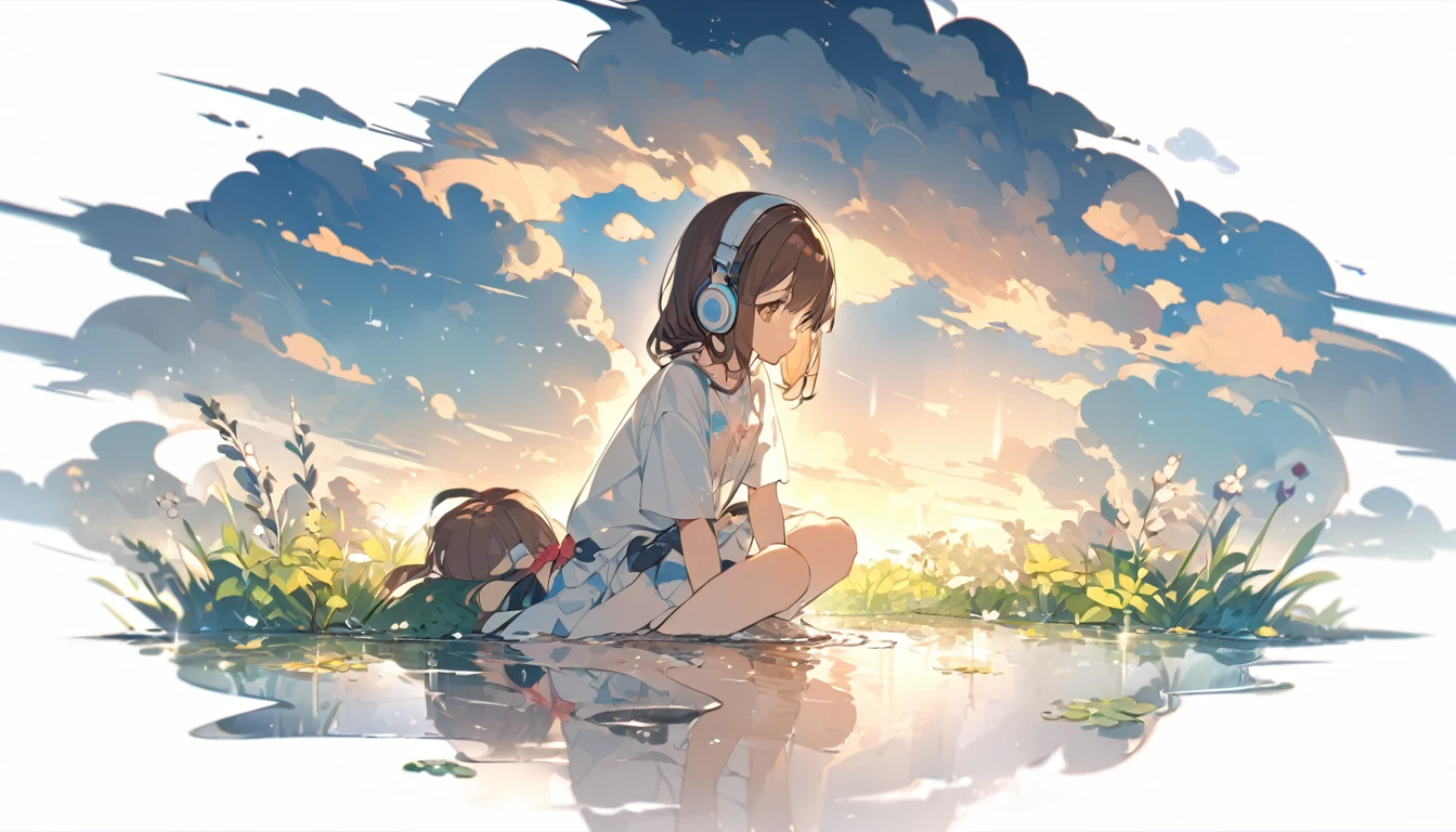 Girl wearing headphones。Brown Hair。1 person。bright。In the garden after the rain、A girl wearing headphones looking at the sky reflected in a puddle at her feet。