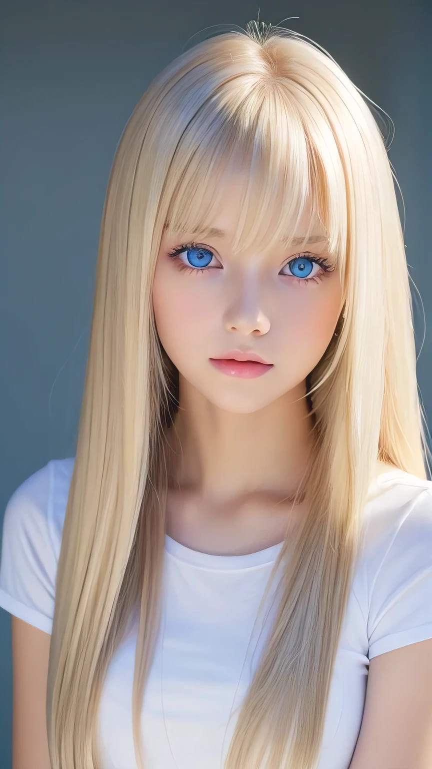 Unparalleled beauty, Glowing, firming and radiant skin, Bangs ween the eyes, Glossy Straight Beautiful Platinum Blonde, Super long, straight, silky hair, Eyeliner, Sexautiful innocent 14 year old, High definition big beautiful bright blue eyes, Beautiful and lovely girl, Baby Face, Short sleeve shirt