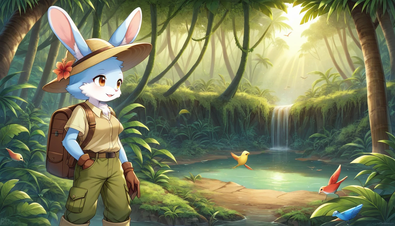 ((Masterpiece)), ((Best Quality)), (Very Detailed), ((Very Detailed)), 4K, (8K), very aesthetic, absurdres highres, 1 girl, (anthropomorphic Rabbit, furry, kemono:1.5), Adventurer, a jungle illuminated by the sunrise. A quiet and peaceful atmosphere, with giant rainforest trees and colorful birds flying between the vine-covered trees. jungle, tropical rainforest, lush trees, untouched, adventurer, detailed attire, khaki long-sleeve shirt, multi-pocket vest, cargo pants, trekking boots, gaiters, wide-brim hat, khaki backpack, gloves, morning light, colorful birds, sunlight reflection, peaceful, mysterious, exploration,