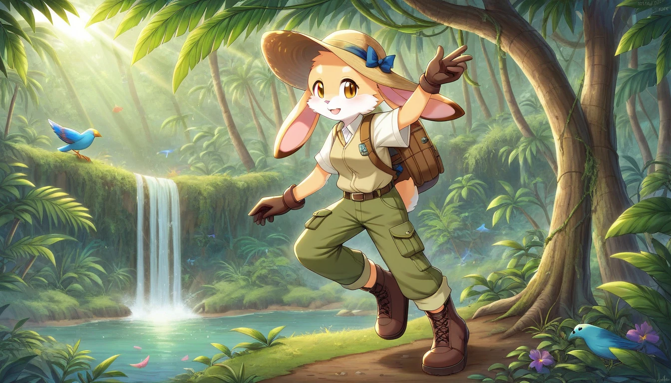 ((Masterpiece)), ((Best Quality)), (Very Detailed), ((Very Detailed)), 4K, (8K), very aesthetic, absurdres highres, 1 girl, (anthropomorphic Rabbit, furry, kemono:1.5), Adventurer, a jungle illuminated by the sunrise. A quiet and peaceful atmosphere, with giant rainforest trees and colorful birds flying between the vine-covered trees. jungle, tropical rainforest, lush trees, untouched, adventurer, detailed attire, khaki long-sleeve shirt, multi-pocket vest, cargo pants, trekking boots, gaiters, wide-brim hat, khaki backpack, gloves, morning light, colorful birds, sunlight reflection, peaceful, mysterious, exploration,