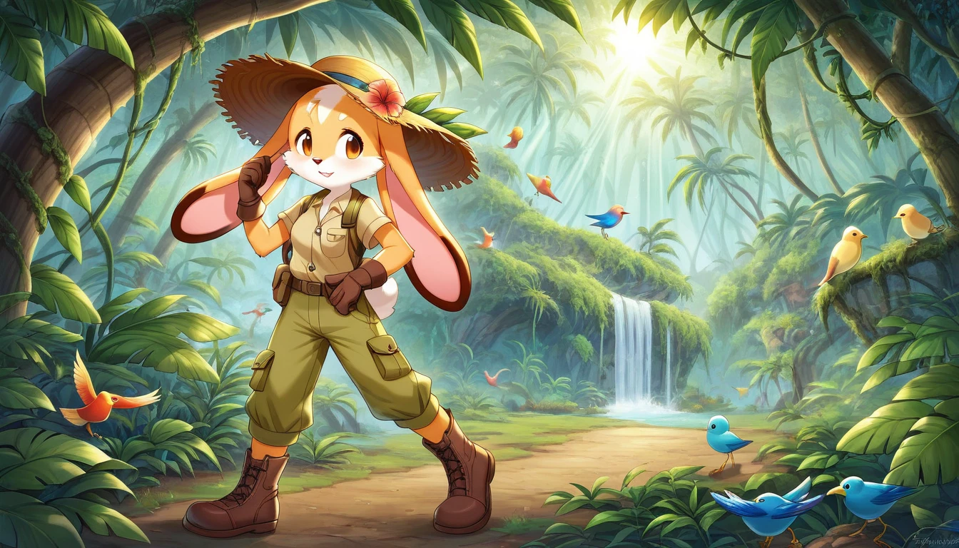 ((Masterpiece)), ((Best Quality)), (Very Detailed), ((Very Detailed)), 4K, (8K), very aesthetic, absurdres highres, 1 girl, (anthropomorphic Rabbit, furry, kemono:1.5), Adventurer, a jungle illuminated by the sunrise. A quiet and peaceful atmosphere, with giant rainforest trees and colorful birds flying between the vine-covered trees. jungle, tropical rainforest, lush trees, untouched, adventurer, detailed attire, khaki long-sleeve shirt, multi-pocket vest, cargo pants, trekking boots, gaiters, wide-brim hat, khaki backpack, gloves, morning light, colorful birds, sunlight reflection, peaceful, mysterious, exploration,