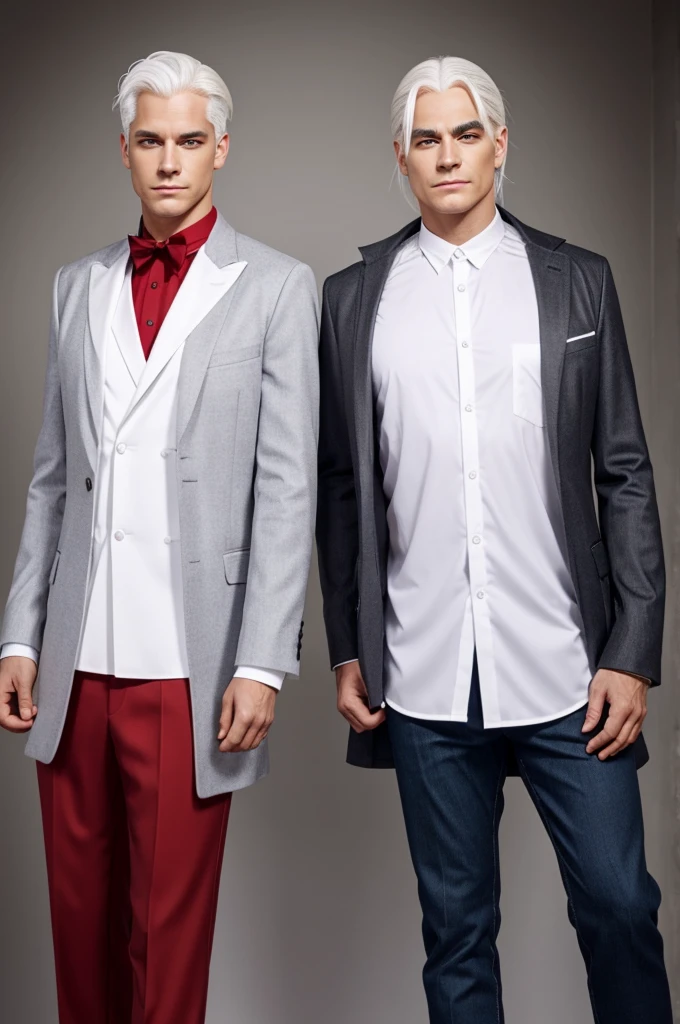He has white hair, big red eyes with thinned eyelashes.

These are the two outfits they wear most frequently.