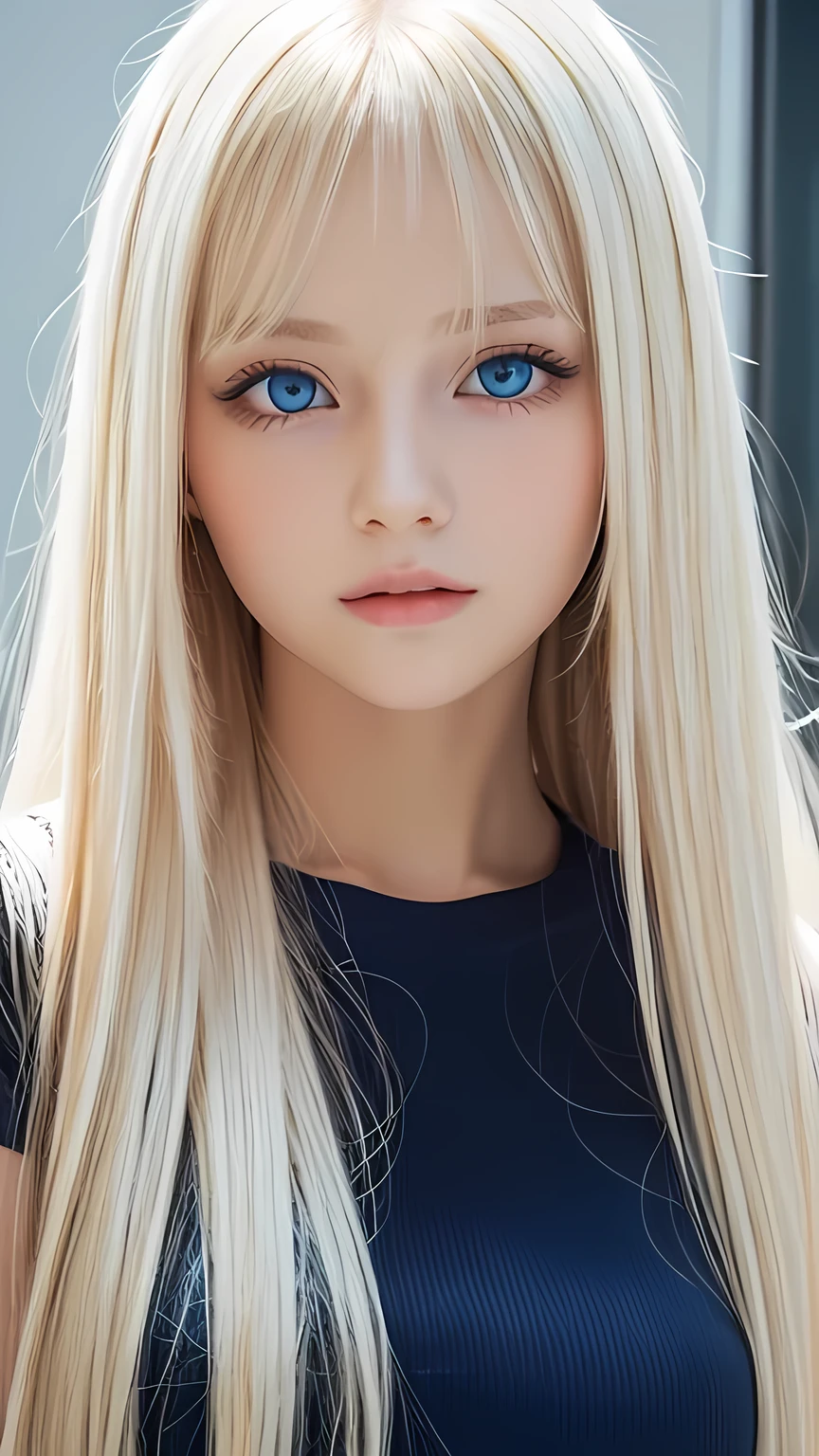 Unparalleled beauty, Glowing, firming and radiant skin, Bangs between the eyes, Glossy Straight Beautiful Platinum Blonde, Super long, straight, silky hair, Eyeliner, Sexy beautiful innocent 14 year old, High definition big beautiful bright blue eyes, Beautiful and lovely girl, Baby Face, Short sleeve shirt