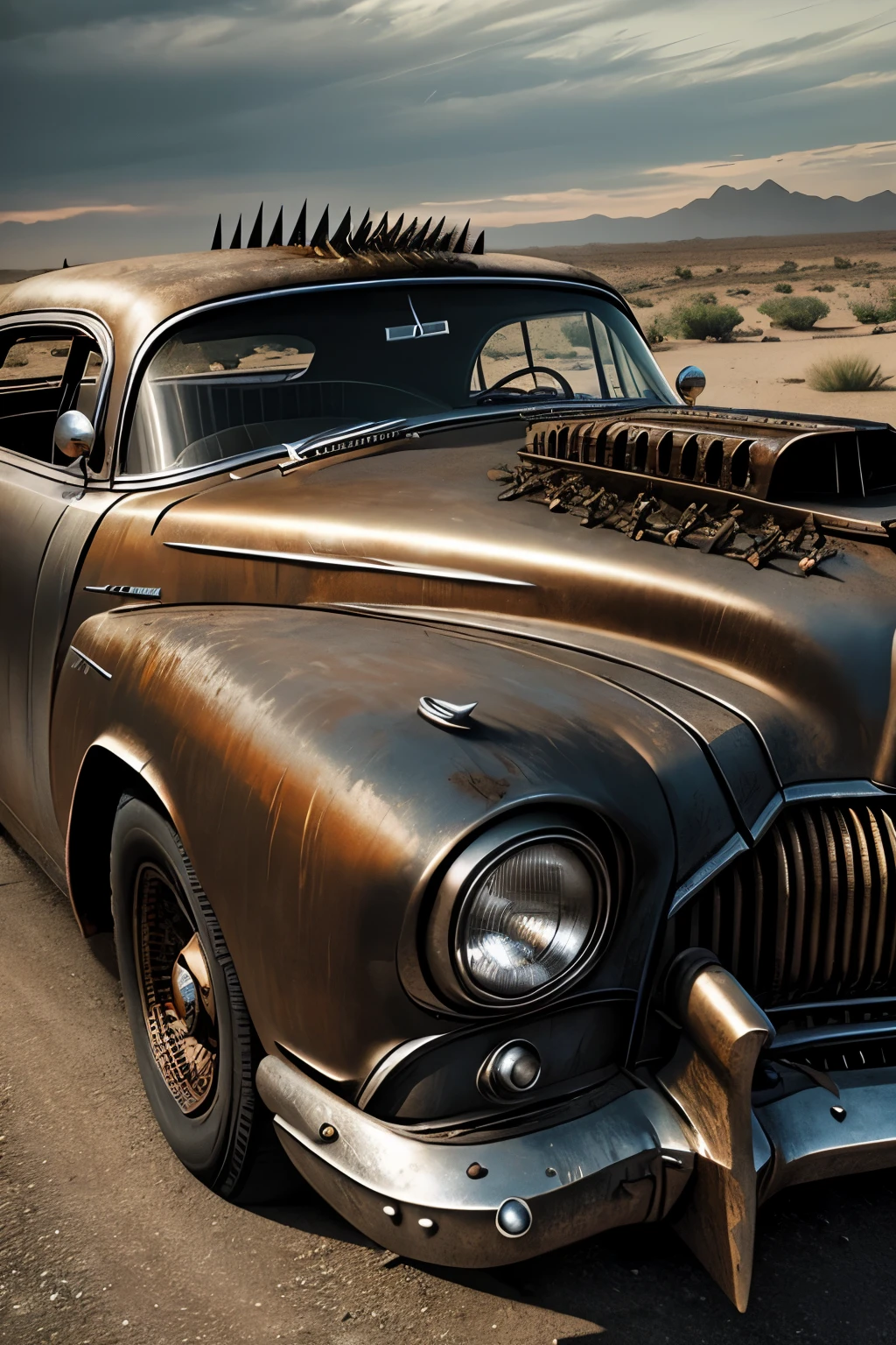 old rusty 1955 cadilac eldorado with spikes and spikes on the hood, steampunk car, dramatic art, dieselpunk art style, apocalyptic road warrior vibe, surreal digital art, mad max inspired, heavy metallic artwork, chrome face symmetry, arte steampunk digital, It's not the Mad Max style, metallic art, It's not Filip Hodas' art style, steampunk digital art, dieselpunk
