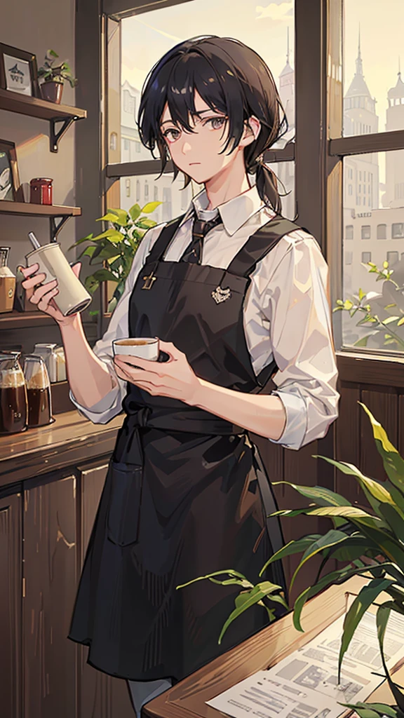 (Highest quality)), ((masterpiece)), (detailed),The background is Cafe、Holding a cup in his hand、Coffee shop manager、A man around 35 years old、A man with waist-length black hair tied back、Wearing a white shirt、Wearing a brown apron,Eye color is a calm blue、Location: Inside a stylish cafe。