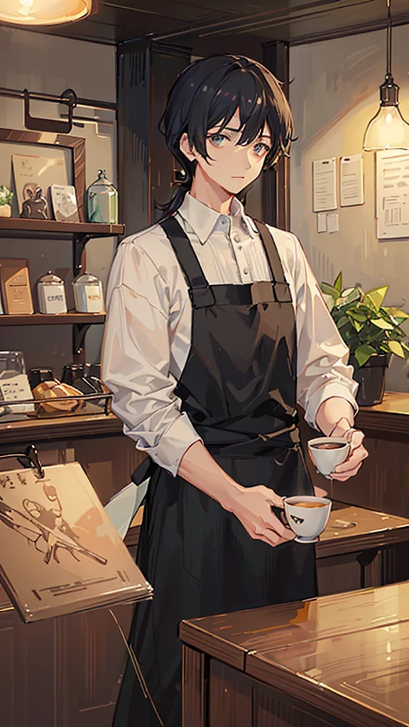 (Highest quality)), ((masterpiece)), (detailed),The background is Cafe、Holding a cup in his hand、Coffee shop manager、A man around 35 years old、A man with waist-length black hair tied back、Wearing a white shirt、Wearing a brown apron,Eye color is a calm blue、Location: Inside a stylish cafe。