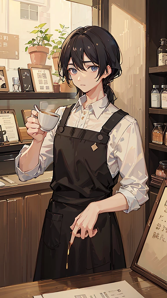(Highest quality)), ((masterpiece)), (detailed),The background is Cafe、Holding a cup in his hand、Coffee shop manager、A man around 35 years old、A man with waist-length black hair tied back、Wearing a white shirt、Wearing a brown apron,Eye color is a calm blue、Location: Inside a stylish cafe。