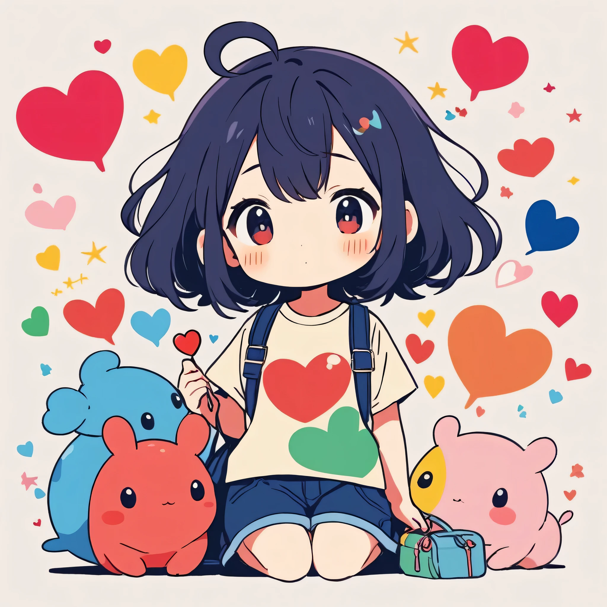 Makoto Shinkai colorful style, Simple Line Initialism,Abstract art,Kawaii Design, The most beautiful girl of all time、chibi, (((Cute pillbugs))), colorful hearts, summer version