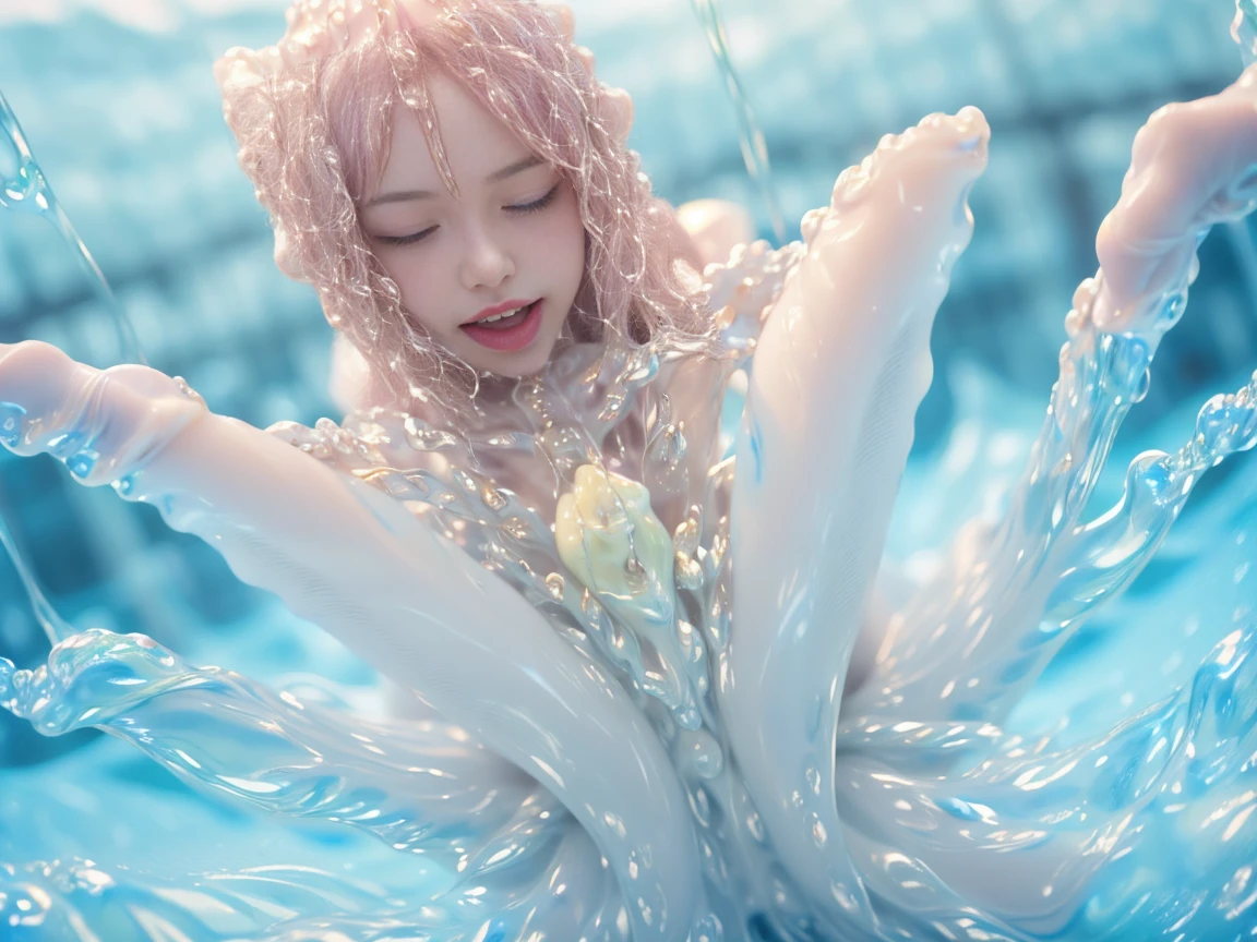 (beautiful screaming nude woman), (eyes open), (terrified expression), (((frightened expression))), (((startled expression))), (((shouting))), (clear resin face), (face made of clear resin), (face turning into clear resin), (head made of clear resin), (body turning to clear resin), (body made of clear resin), (clear resin body), (skin becoming clear resin), (face turning to clear resin), (head turning to clear resin), (arms turning to clear resin), (hands turning to clear resin), (clear resin hands), (clear resin fingers), (skin made of clear resin), (clear resin skin), (hair made of clear resin), (ASFR), (turning into clear resin), (becoming clear resin), (winter forest background), (defensive posture), ((((half made of clear resin, half made of flesh)))), side profile