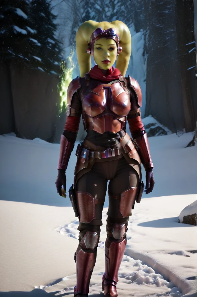 a ((fall body)) (((hera syndulla))) ((green skin )) ((female twi'lek ))mandalorian,walking on snow, ((green fire eyes )) , beautiful detailed eyes, beautiful detailed lips, extremely detailed face, long eyelashes, mandalorian armor, sci-fi, cinematic lighting, dramatic, epic, intricate details, hyper-realistic, 8k, high-quality, photorealistic
