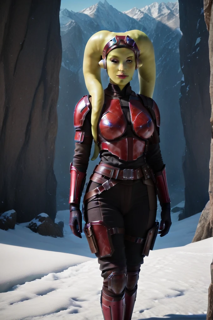 a ((fall body)) (((hera syndulla))) ((green skin )) ((female twi'lek ))mandalorian,walking on snow, ((green fire eyes )) , beautiful detailed eyes, beautiful detailed lips, extremely detailed face, long eyelashes, mandalorian armor, sci-fi, cinematic lighting, dramatic, epic, intricate details, hyper-realistic, 8k, high-quality, photorealistic
