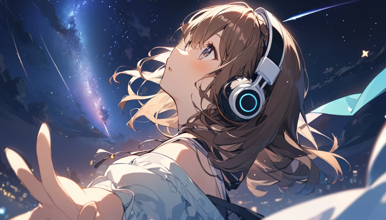 Girl wearing headphones。Brown Hair。1 person。bright。Looking up at the summer night sky、A girl wearing headphones reaching for a shooting star。