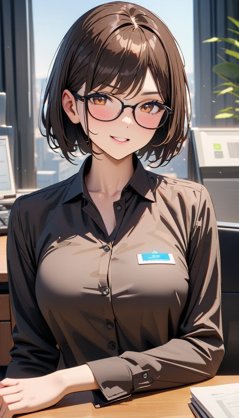modern, Verism, masterpiece, textured skin, super detail, best quality, 4K, ((Adult face)), Woman wearing glasses,Dark brown short bob,Clothing of office workers,Company reception