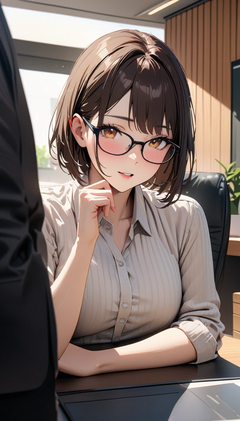 modern, Verism, masterpiece, textured skin, super detail, best quality, 4K, ((Adult face)), Woman wearing glasses,Dark brown short bob,Clothing of office workers,Company reception