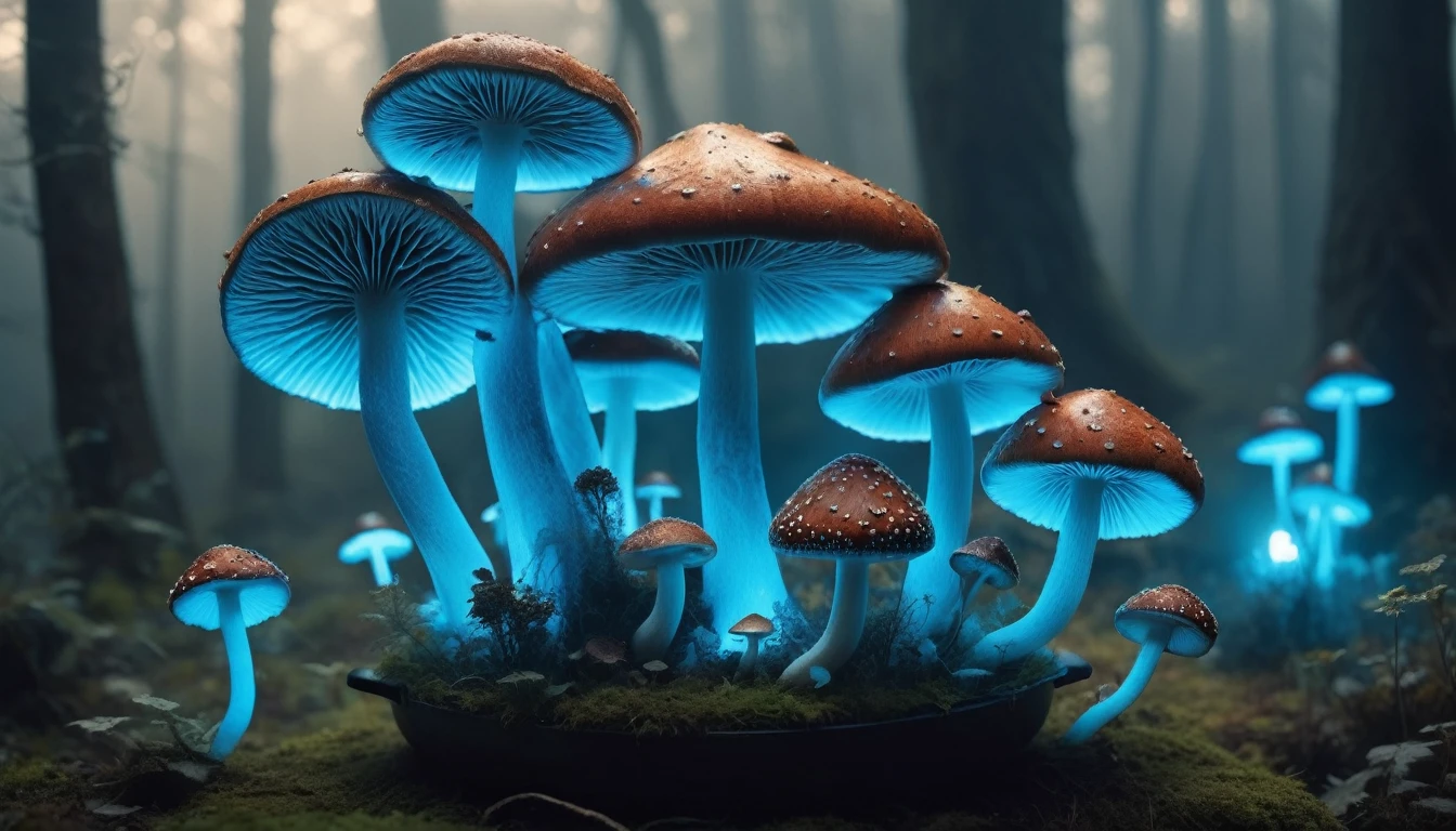 The main thing is a collection of poisonous mushrooms that emit smoke from their heads.、Horrible smoke with strange shapeushrooms that change from smoke that emits a mysterious light、Mesmerizing surreal movie stills of Alice in Wonderland, magical dreamland bokeh background, A fascinating and eerie fantasy world, Illuminates dark shot scenes with a fantastic glow, Otherworldly elements of a familiar story, ether wonderland, mystic atmosphere, Dark enchantment and the aesthetics of dark fantasy realism, Translucent bioluminescent material、((A deformed poisonous mushroom that grows in another world and emits bewitching smoke.,)) Ultra-realistic, (Voronoi pattern, depth of fields, (swirly bokeh:1.275), (Kodak Portra 400:0.875) :1.15), (Realistic and complex futuristic background, Lots of futuristic cookware:1.1), ((Mushroom made of shiny glass)), (Turbulent Toxic Vapor:1.2, Magnificent surrealism, Blue lighting, low key light:1.1), Notable masterpieces, celestial, Ethereal, epicd, Magical Light Flare, Natural and soft dreamy lighting, ((Warm Yellow and Deep Carbon:0.7), (Cinematic Look:1.15):1.15)