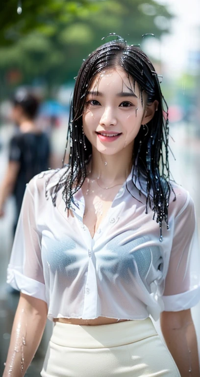 (a gorgeous taiwanese lady, 28yo, kind smile, dimpled cheeks, tall & healthy figure, slender abs, korean bob hair, ample bosom, wet white button-up long shirt, pencil skirt, unique fashion, walking in open shirt show, post-rain, street, wet body, highly detailed face and skin texture, detailed eyes, double eyelid, bokeh, (best quality,8k,masterpiece:1.3), sharp focus:1.2, (wet:1.4,rain:1.2,street:1.4)) 