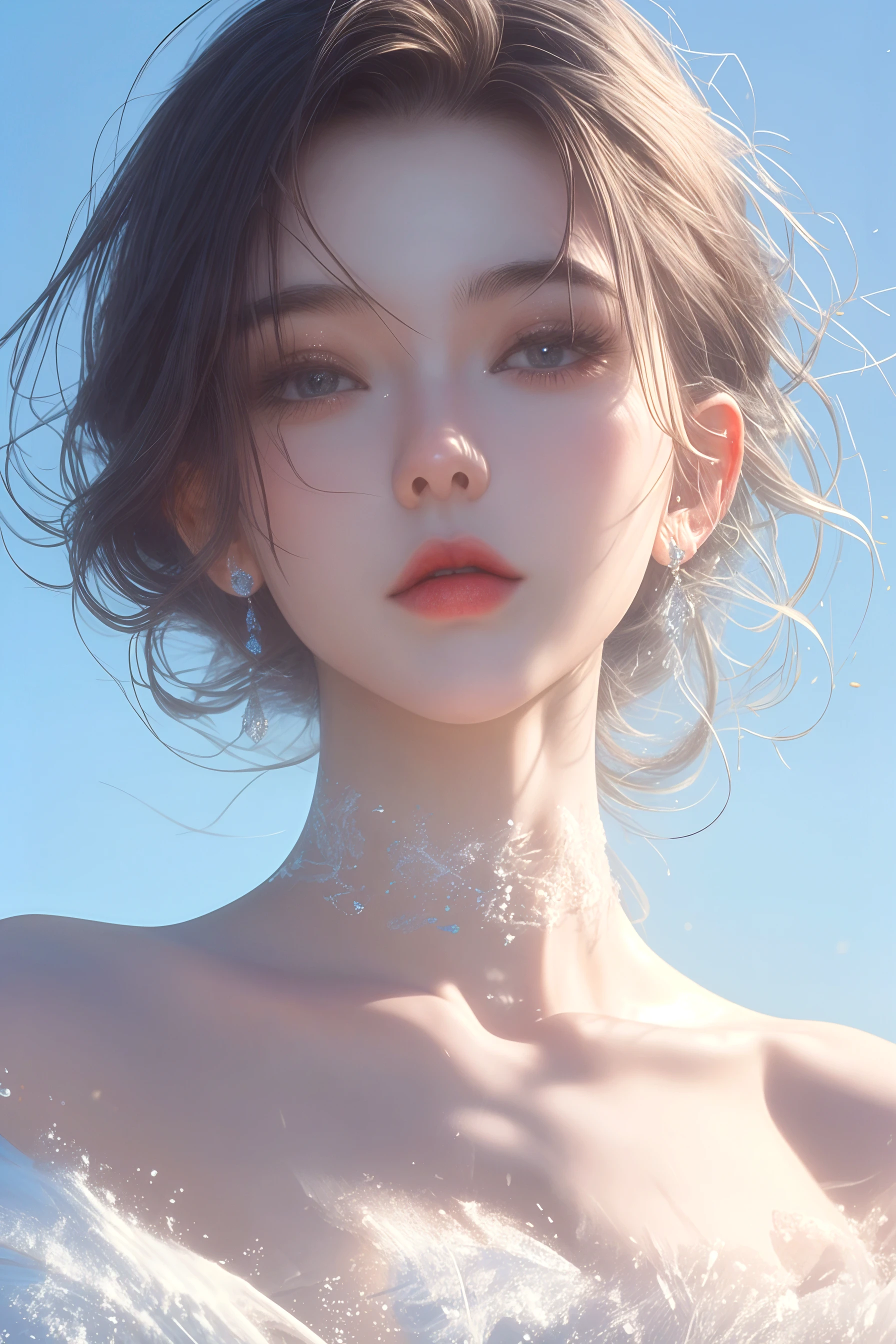 movie still, cloud girl, floating in the sky, (close-up:1.1), bright, happy, fun, warm soft lighting, sunset, sparks