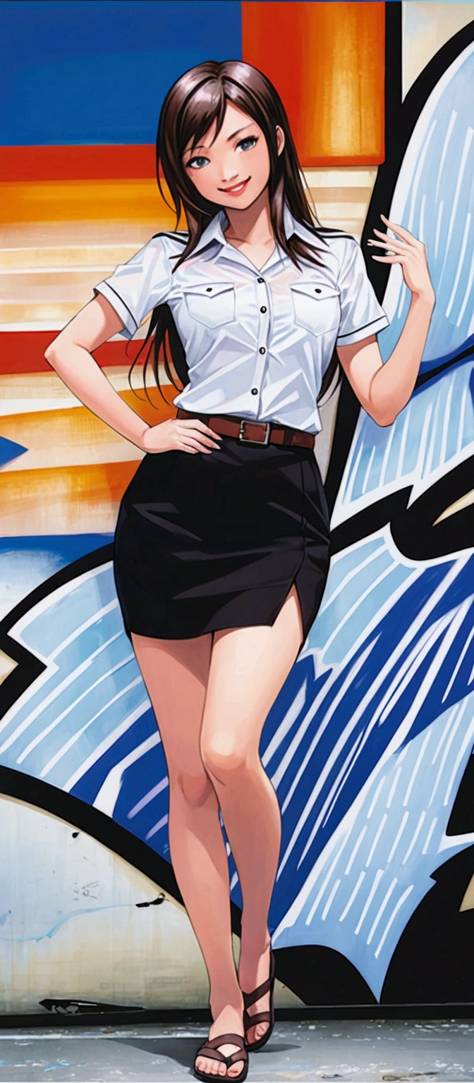 anime illustration of Thai young college woman standing and leaning back against graffiti wall, smiling, {she has a black long hair and wearing white shirt short sleeves, collared button up shirt, black pencil skirt with belt}, (1girl, solo, full body), (masterpiece, best quality, Japanese anime style)
