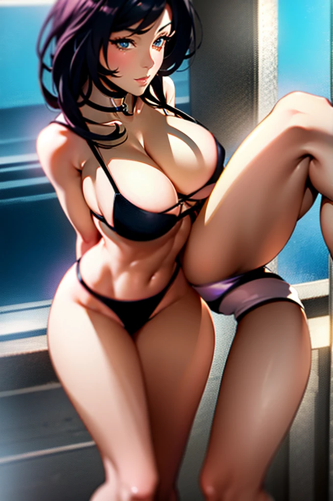 A beautiful, SEXY, EXOTIC AND EROTIC anime style MIKAN CALL, woman with perfect body, slim waist AND FIRM BREASTS,SUPERBLACK hair, wearing a bikini, highly detailed, masterpiece, 8K, photorealistic, elegant, dynamic pose, intricate details, vibrant colors, dramatic lighting, WATER IN background + MIKAN