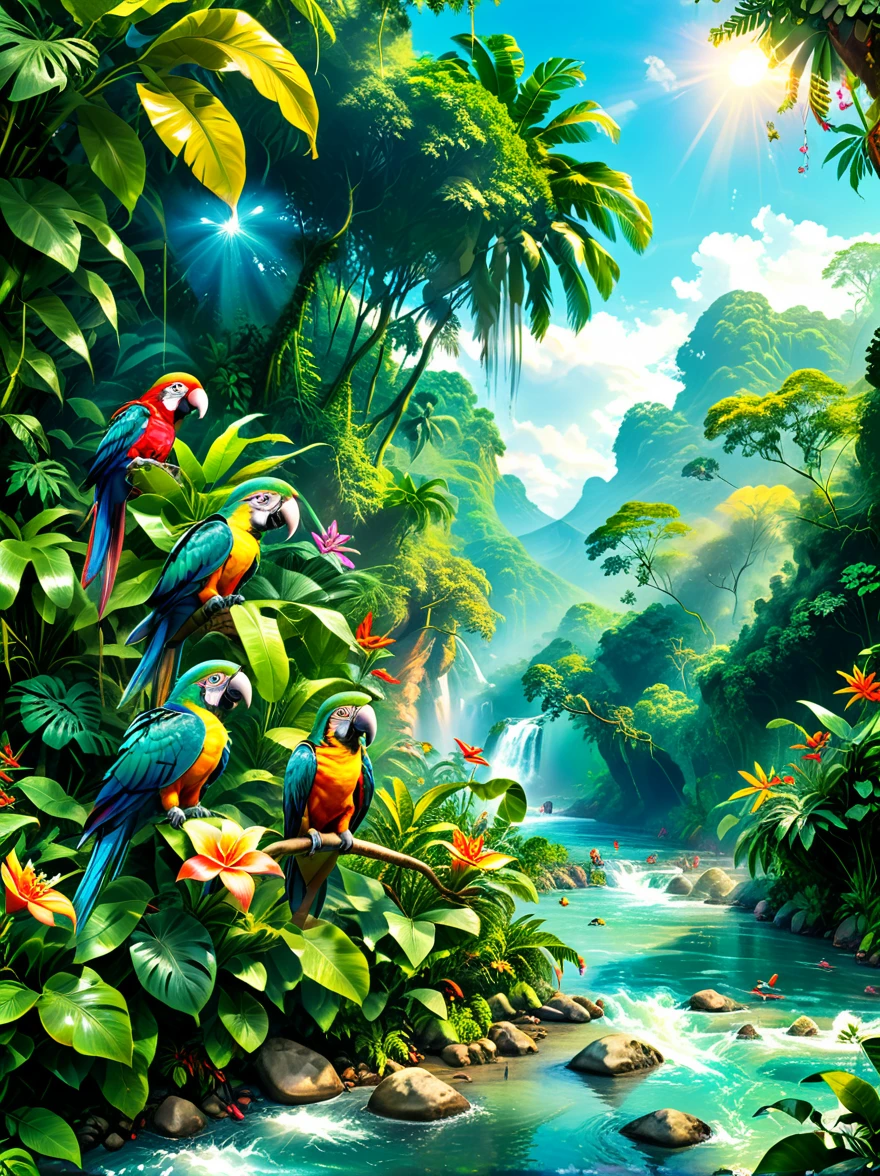 Imagine a colorful jungle adventure scene。(A man and a woman:1.9)，(Both are explorers.，Searching for treasure in the jungle:1.9)，They are surrounded by lush green foliage and colorful exotic flowers.。A brightly colored parrot perched nearby，Bright blue sky in the background can be seen through the jungle canopy，A fast-flowing river runs through the land，The river water sparkles in the tropical sun，This picture should sum up the excitement and beauty of exploring the tropical jungle.