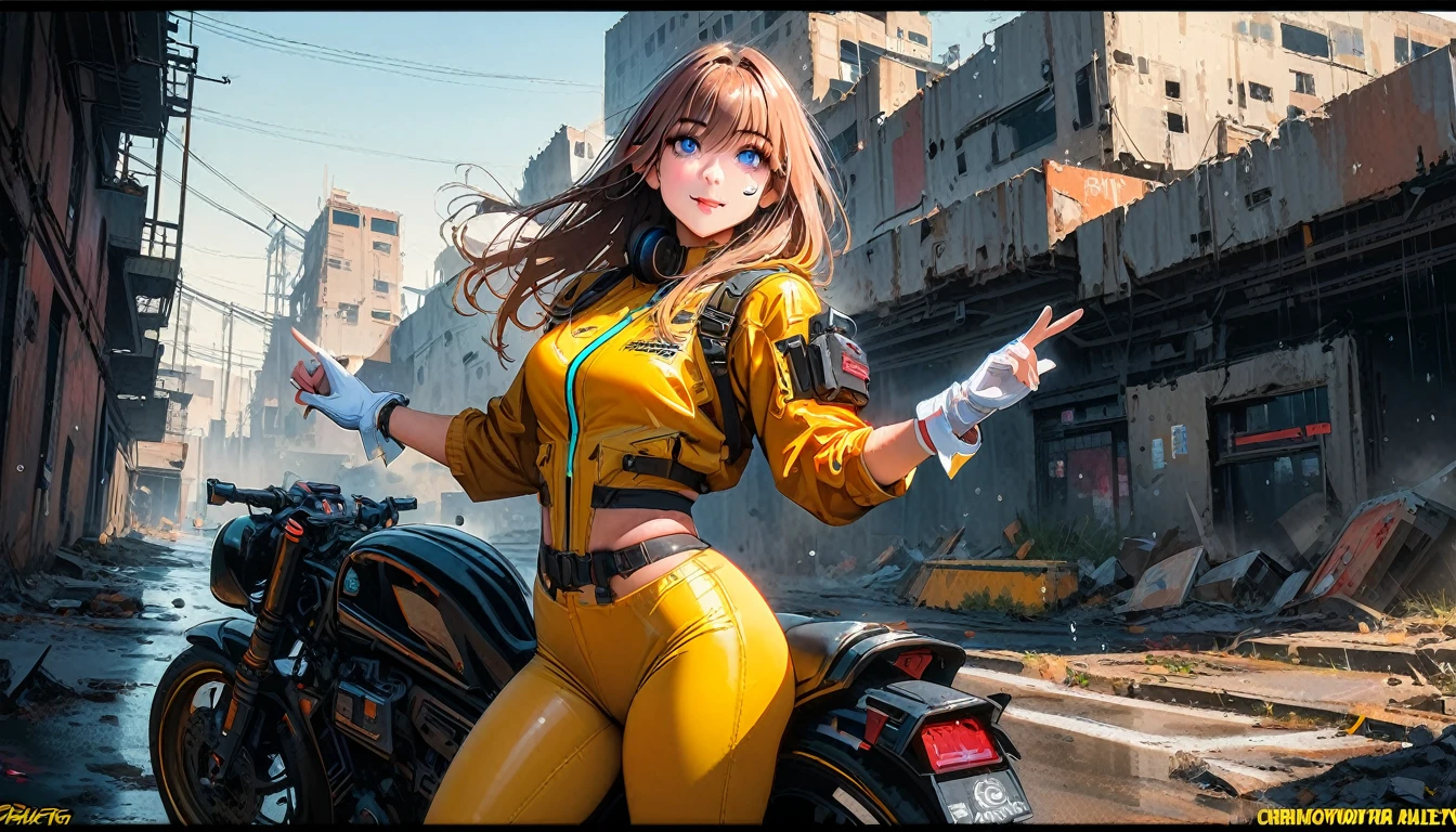 ((​masterpiece: 1.4), (8k, Realist, Rohfoto, die beste Qualität: 1.4), expressive eyes, perfect face, High resolution, 1 girl, alone, (sigh:1.4) ,(d.e (Lied Hana) Lied Hana :1.4), by far, At the chestnut, (headphones:1.4) ,(Latex pilot suit:1.4), Moustache stains, shoulder pad, blue monkey, Ribbed Bodysuit, animal footprint, Clothing writing, long sleeve, White gloves, smiling, standing upright, tiro de equero, look at the viewer, score_9, score_8_highly, score_7_highly, score_6_highly, Evaluation_explicitly, 1 girl, ((18 year old:1.2)), adult, full lips, big clear eyes, light blue eyes, ((blond hair:1)), (Fell, nice hair: 1.2),(Lied Hana:1.4), (d.e (Lied Hana) Lied Hana V2.1), (background laboratory industry chemical robotics :1.4),(Background of the motorcycle workshop:1.4),, (perfect anatomy), (perfect hands detailed :1.4),( bright colors), (background alley walls big stones cyberpunk :1.4), (falling rain, crystal clear water :1.4), (cloudy) Nordic style , (masterpiece presentada en Zbrush Central) , brutalist gothic cathedral, cyberpunk, Photo, award winning, hips, neon lights, cyber participant, (Cowboy pose) ,More detailed 8K.unreal engine:1.4,UHd,La Best quality:1.4, Photoреалистичный:1.4, skin texture:1.4, masterpiece:1.8,First job, Best quality,Объект Object], (detailed facial features:1.3), (chemical laboratory ruins background:1.4 ), (cyberpunk 2.1), (Convex detailed fingers), (Ideal Anatomy), (beautiful blue eyes),( yellow underwear) 