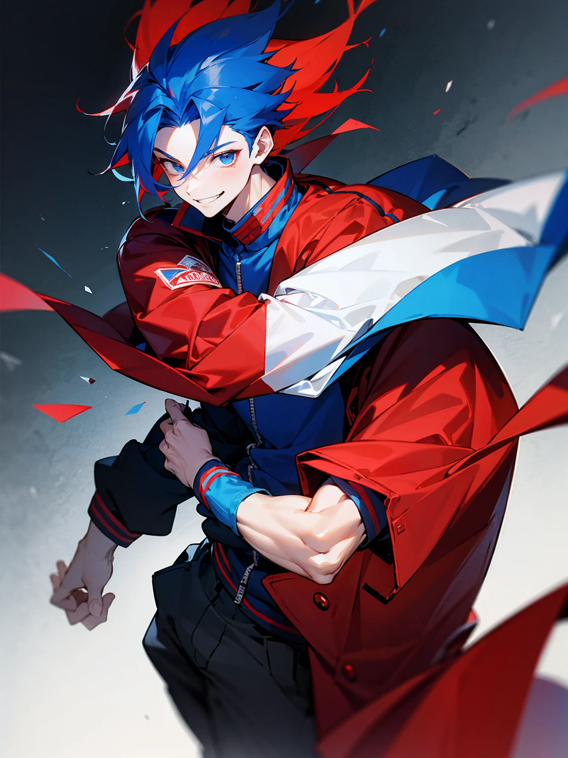 1male, adult, red and blue hair, two toned hair, red and blue varsity jacket, black sweatpants, smile, lean build