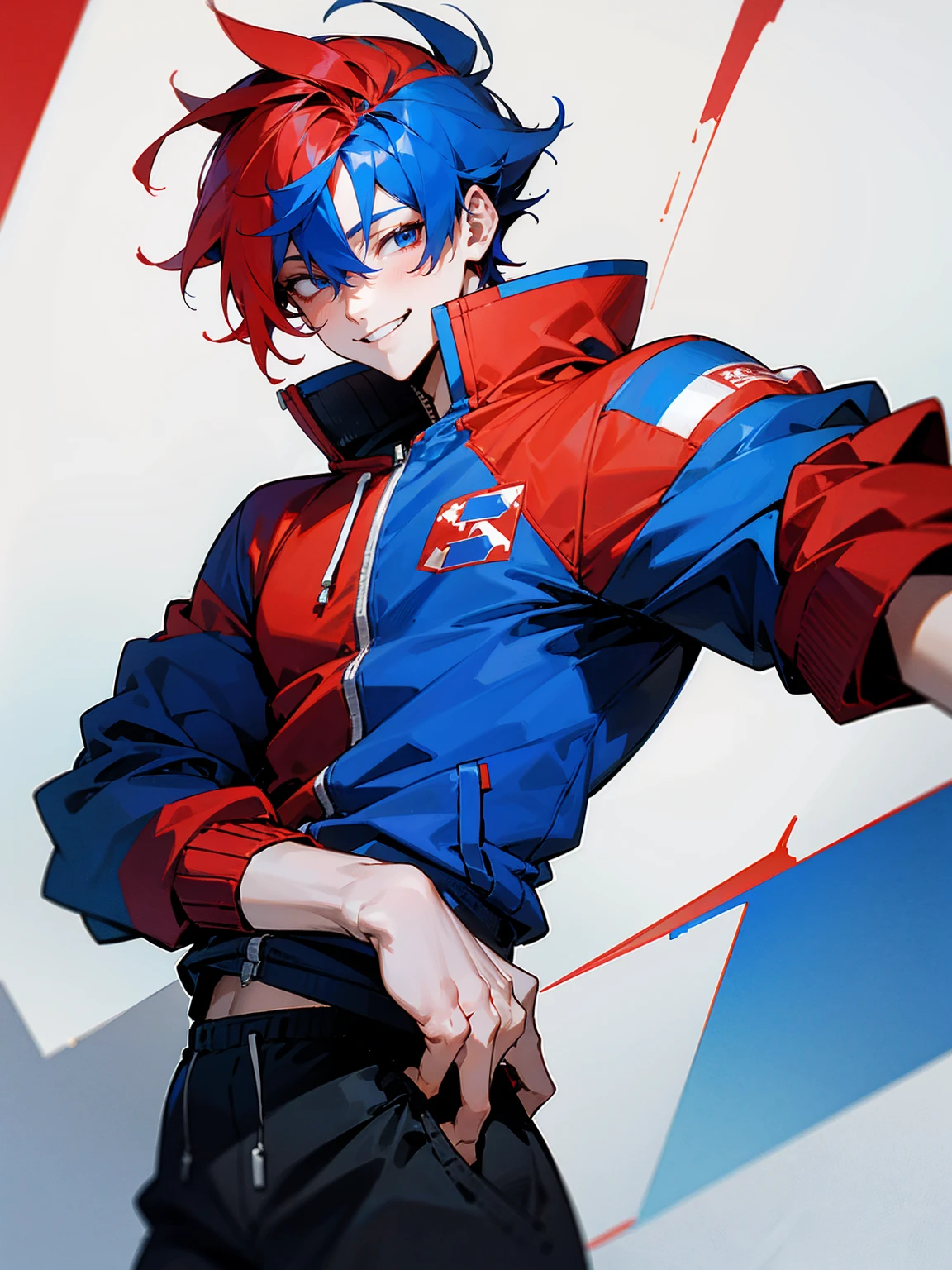1male, adult, red and blue hair, two toned hair, red and blue varsity jacket, black sweatpants, smile, lean build
