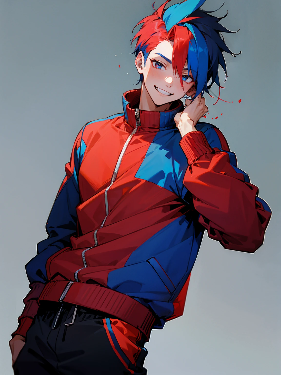 1male, adult, red and blue hair, two toned hair, red and blue varsity jacket, black sweatpants, smile, lean build