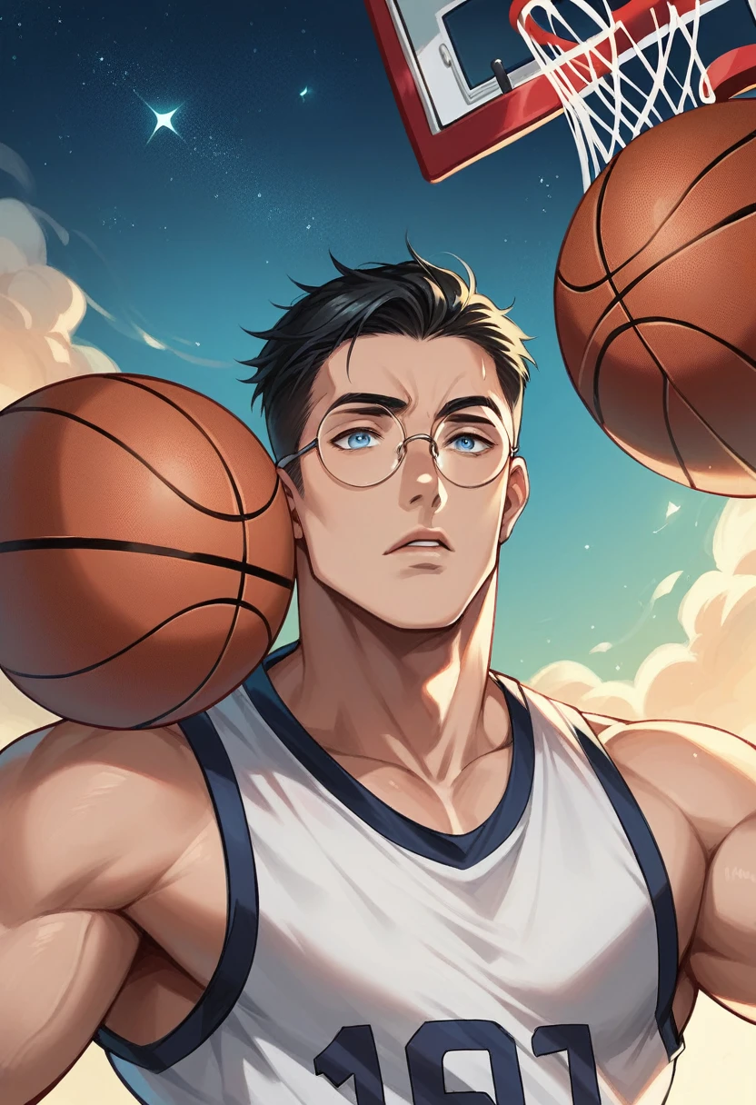 Film quality, One Man in Heaven, close, Cloudy, Soft Lighting, Starry Sky, Handsome man with round glasses, play basketball, blue eyes, Black-haired, hold basketball with right hand, big lips