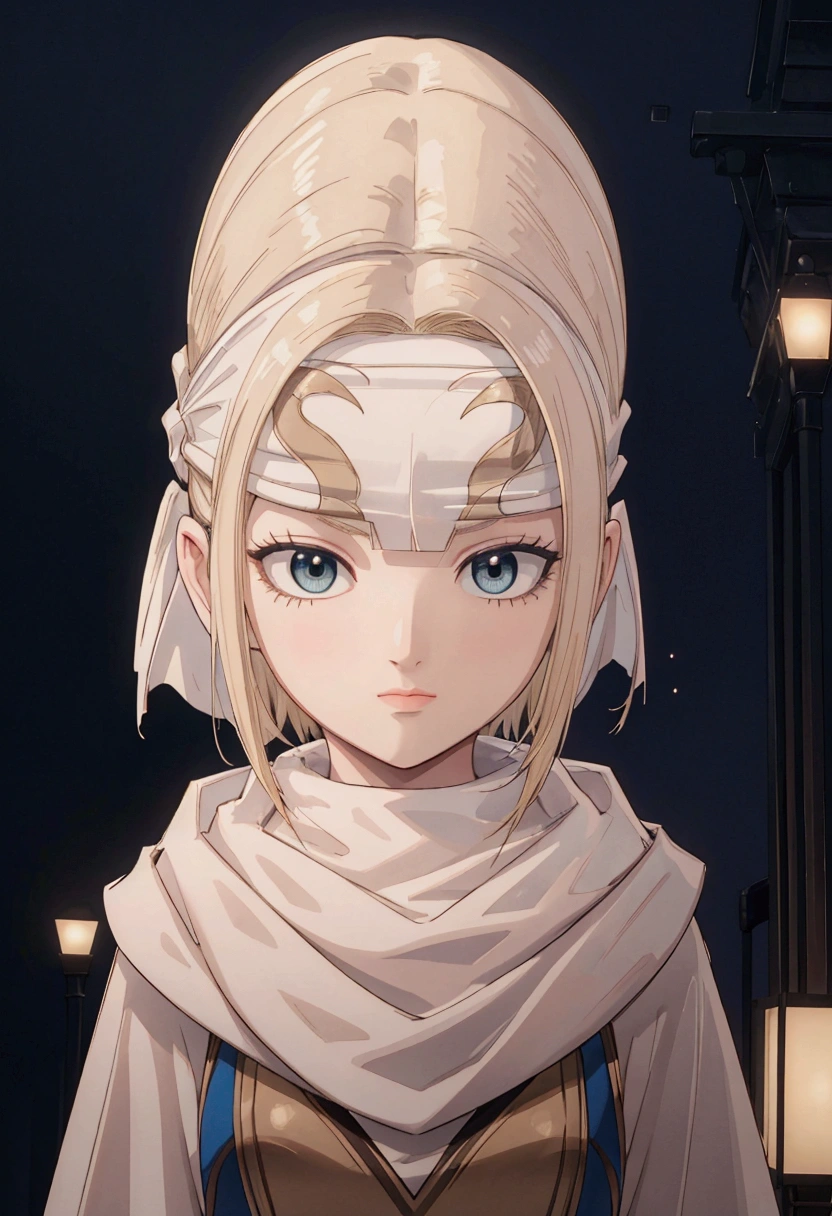 masterpiece), best quality, high resolution blonde 1girl bob cut medium hair standing alone cowl headband profile image looking at viewer beautiful eyes beautiful face extremely detailed