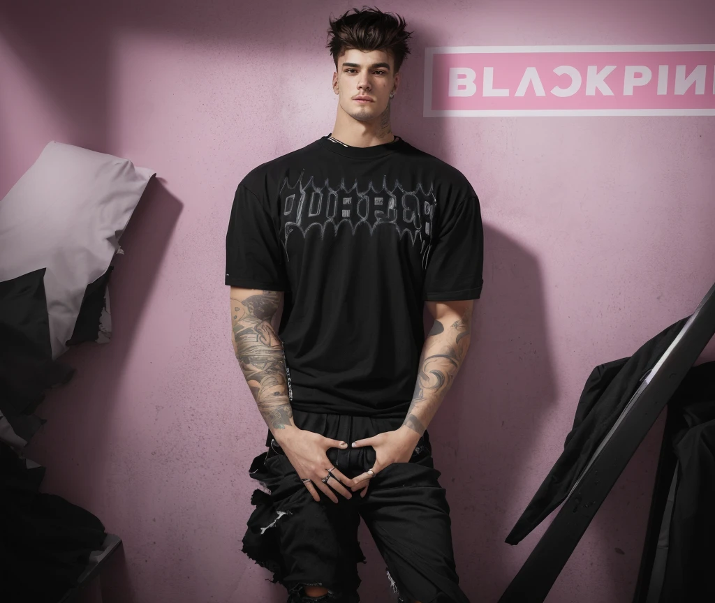 there is a man standing in front of a pink chair, inspirado em Ralph Burke Tyree, bblurry, he is wearing a black t-shirt, diselpunk, * splash of color *, a sheep, wearing a black!! t - shirt, Elfopunk, inspired by Olaf Rude, floralpunk, Blurry, inspirado em Rodney Joseph Burn, torn garments